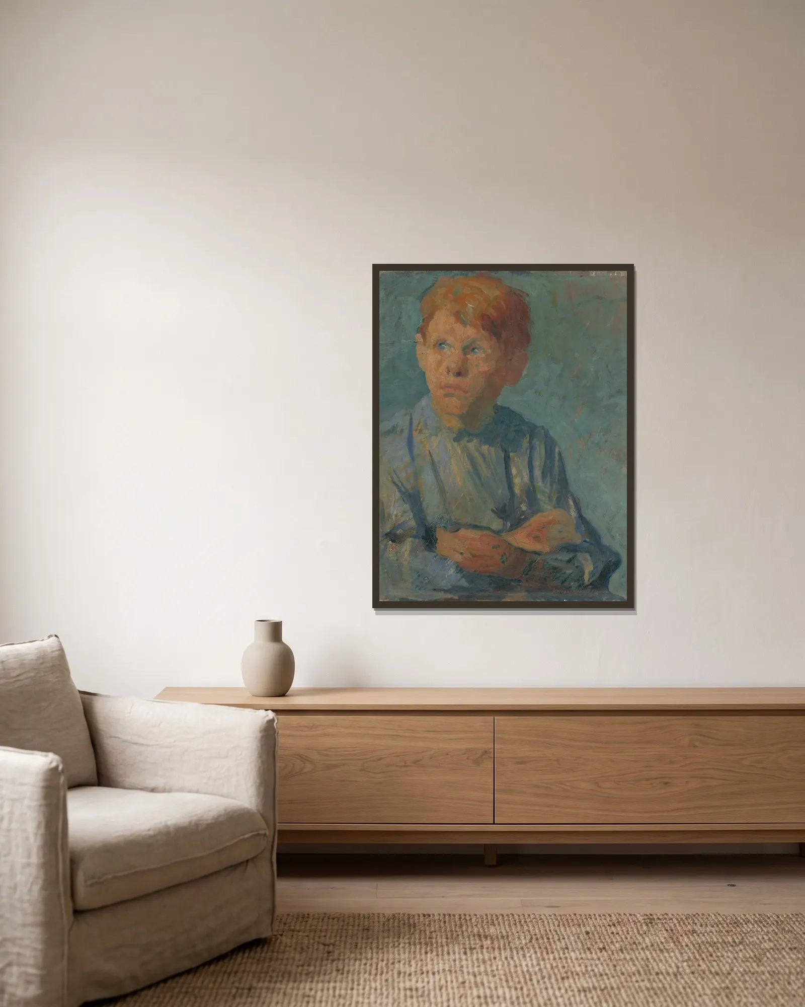 Ginger Boy av Elemír Halász-Hradil inramad på en vägg