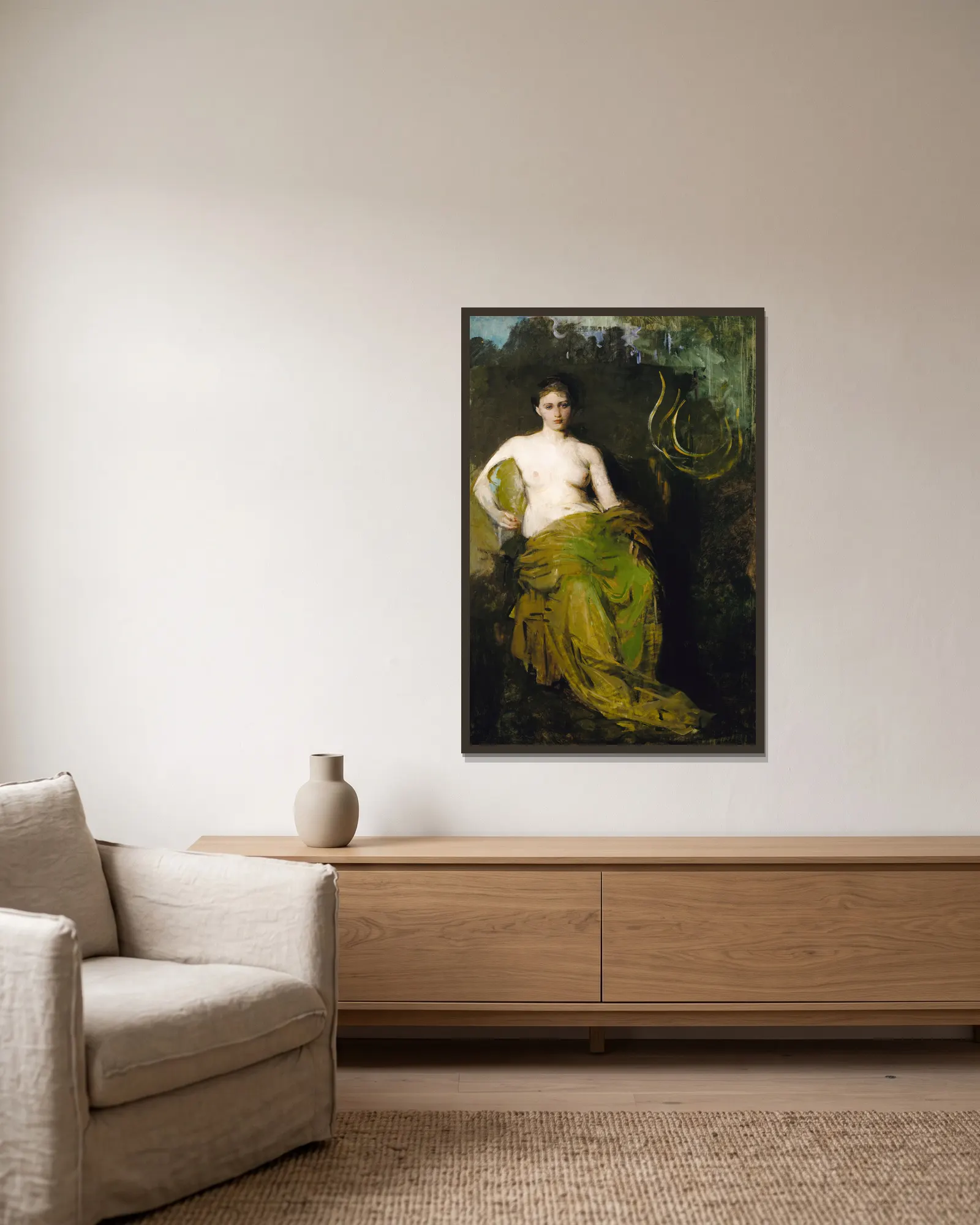 Half Draped Figure av Abbott Handerson Thayer inramad på en vägg