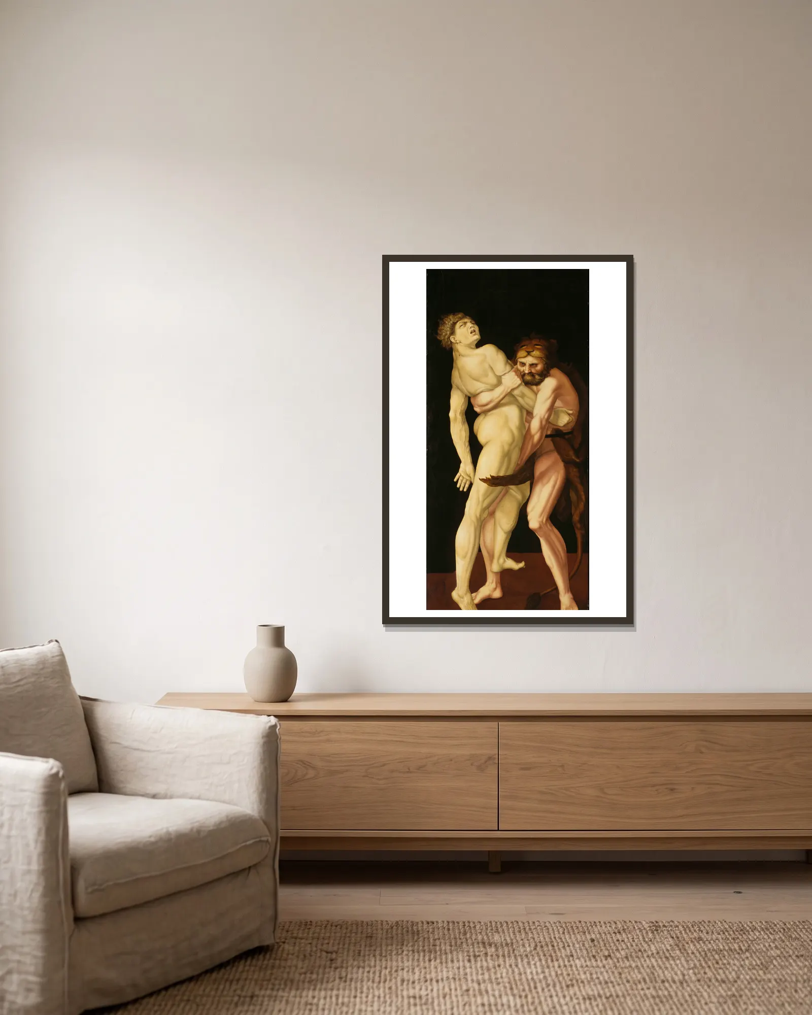 Heracles and Antaeus av Hans Baldung inramad på en vägg