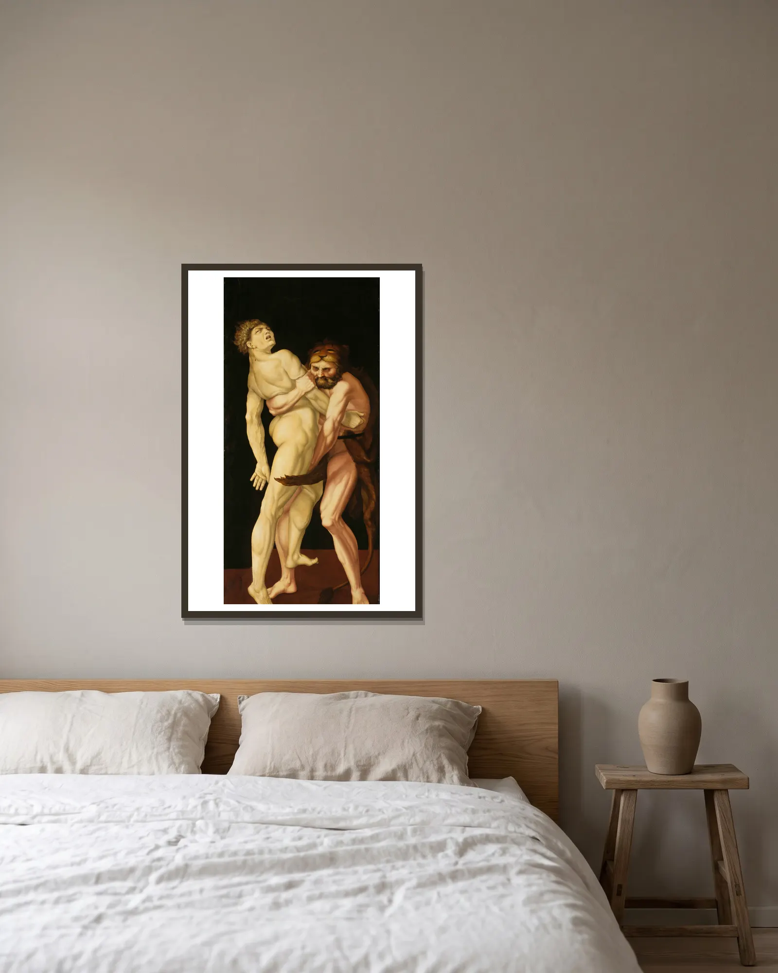 Heracles and Antaeus av Hans Baldung inramad på en vägg