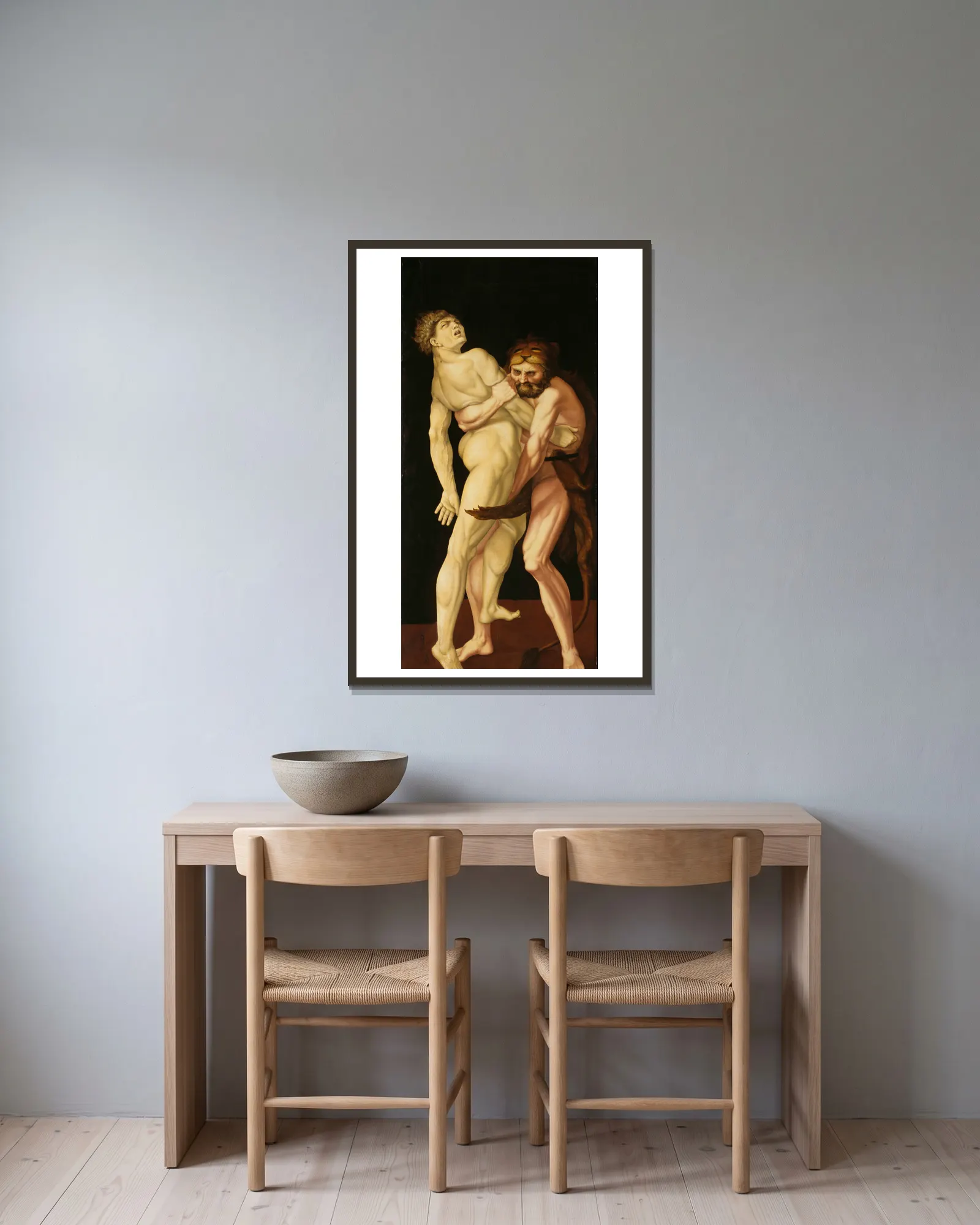 Heracles and Antaeus av Hans Baldung inramad på en vägg