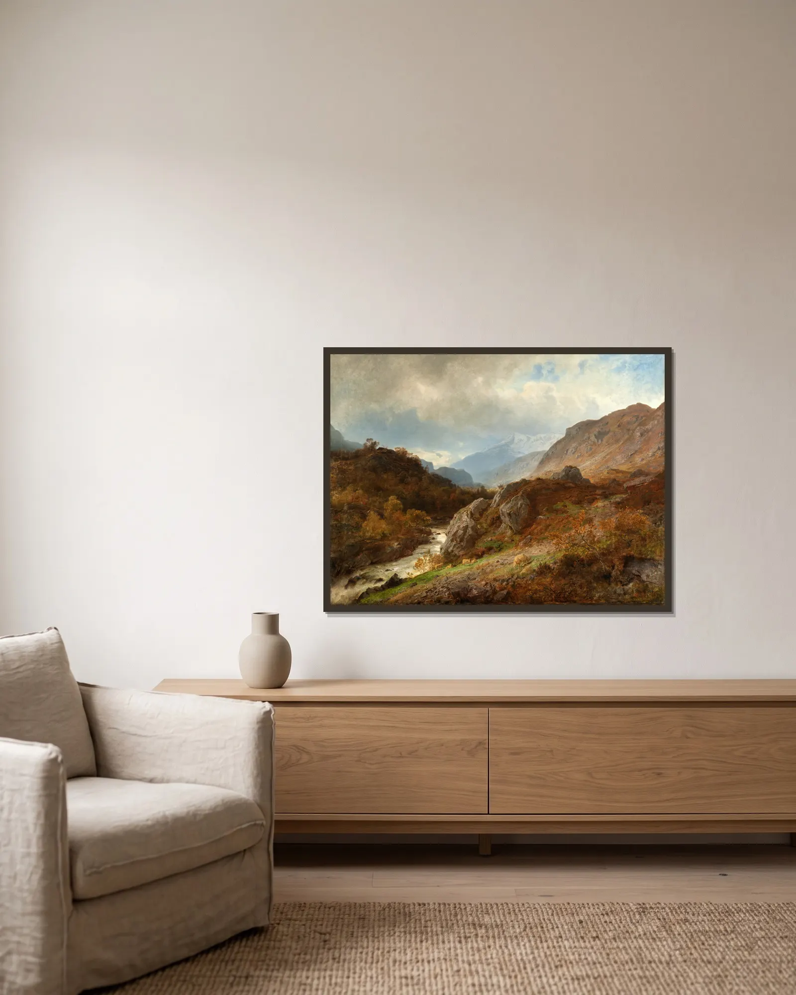 Mountain Landscape av Hans Gude inramad på en vägg