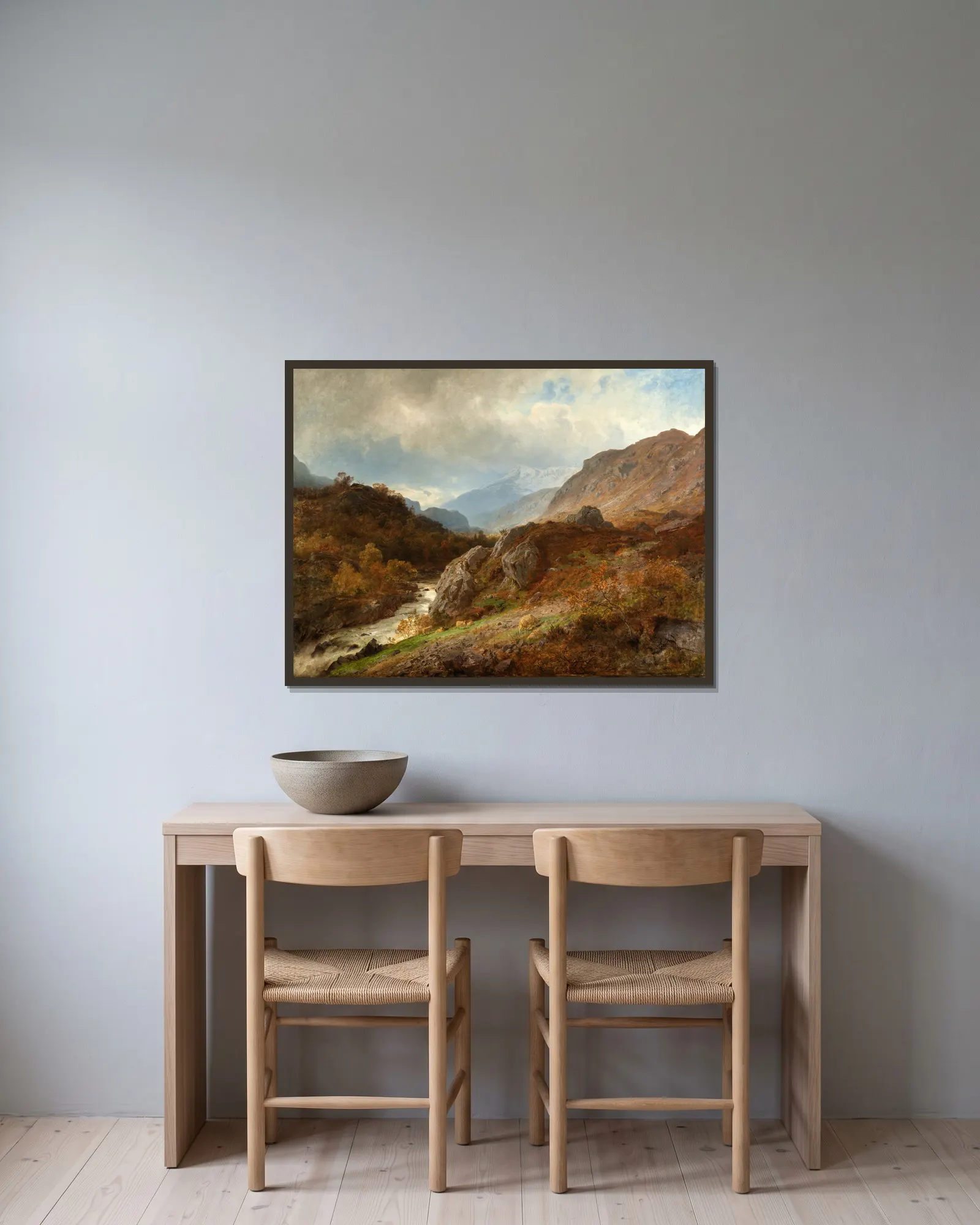 Mountain Landscape av Hans Gude inramad på en vägg