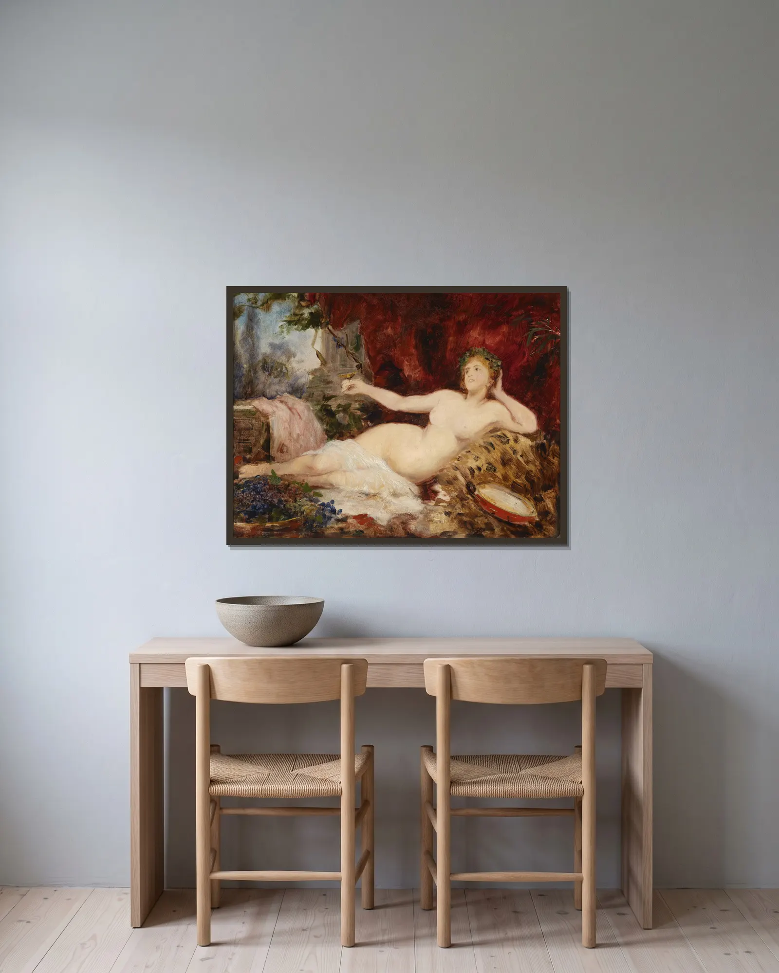 Ruhende Bacchantin av Hans Makart inramad på en vägg