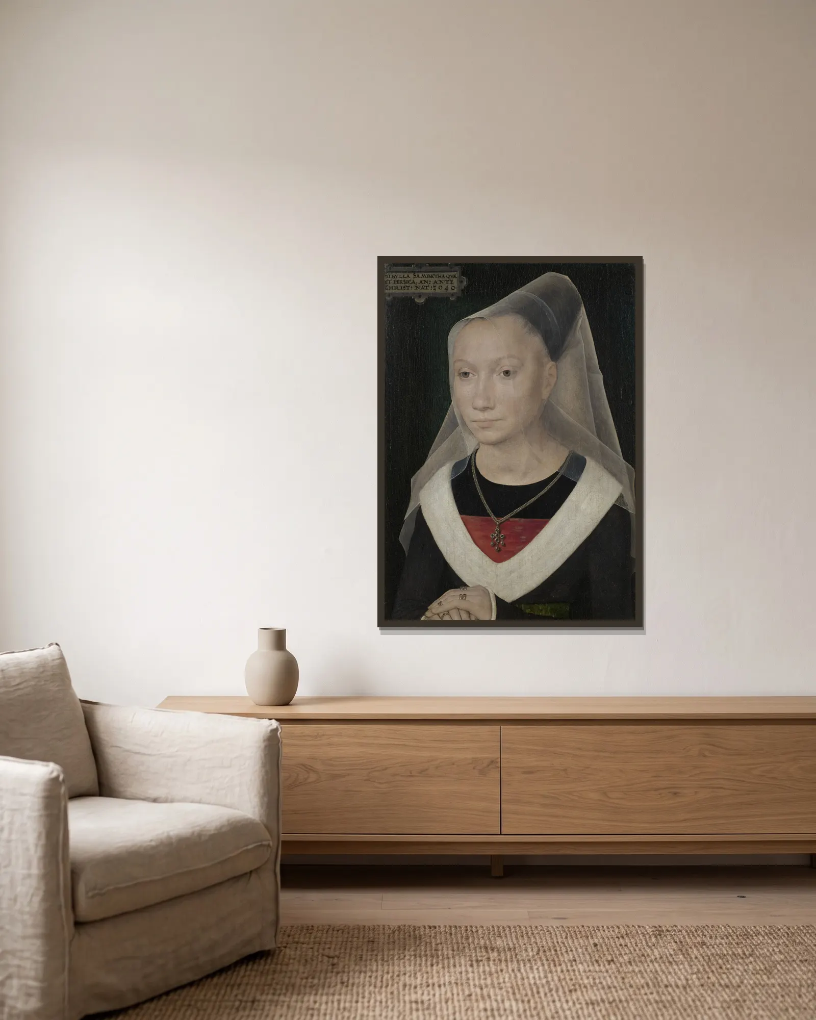 Sibylla Sambetha av Hans Memling inramad på en vägg