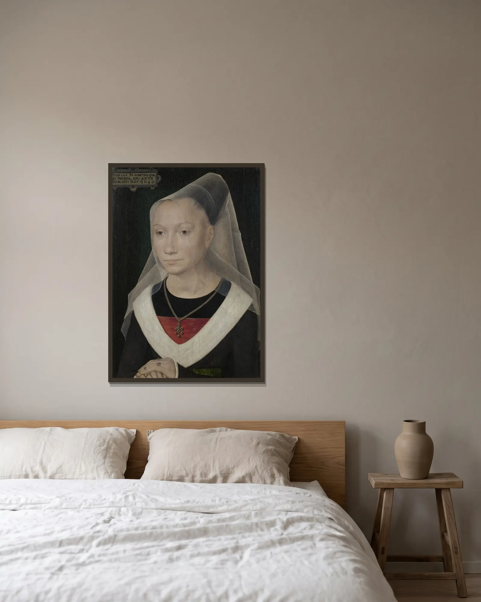 Sibylla Sambetha av Hans Memling inramad på en vägg
