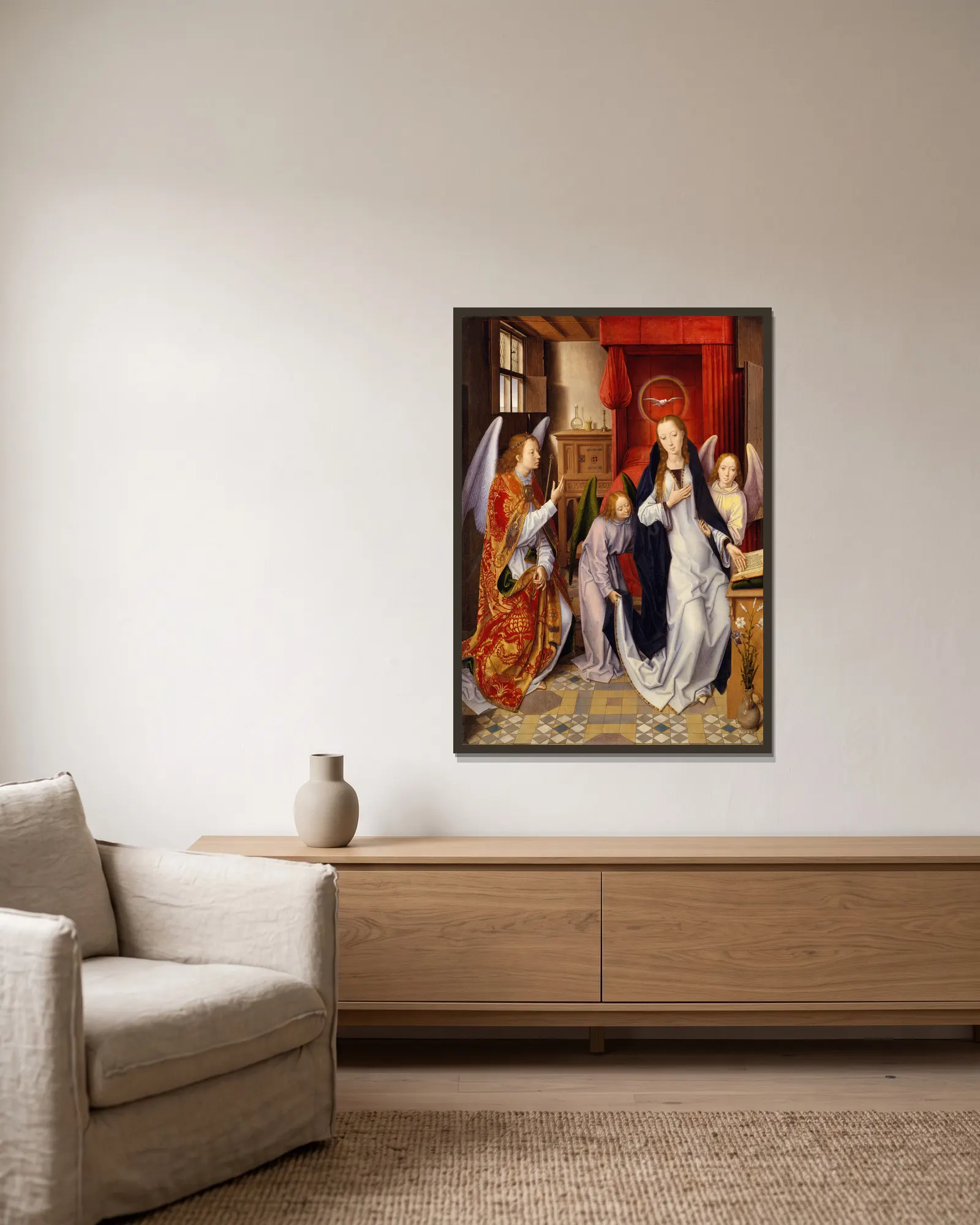 The Annunciation av Hans Memling inramad på en vägg