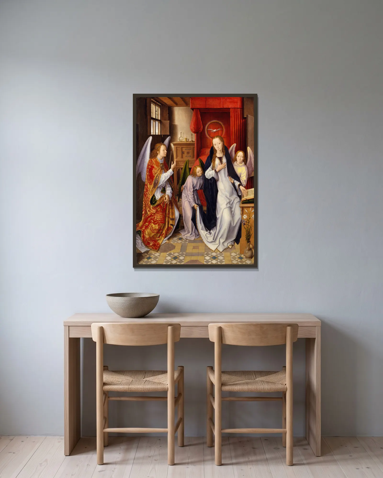 The Annunciation av Hans Memling inramad på en vägg