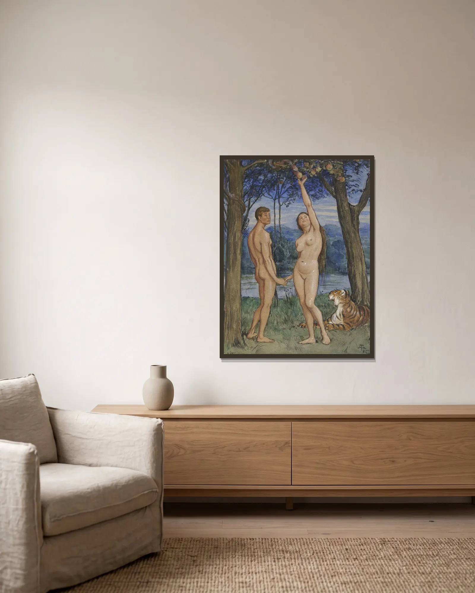 Adam and Eve av Hans Thoma inramad på en vägg