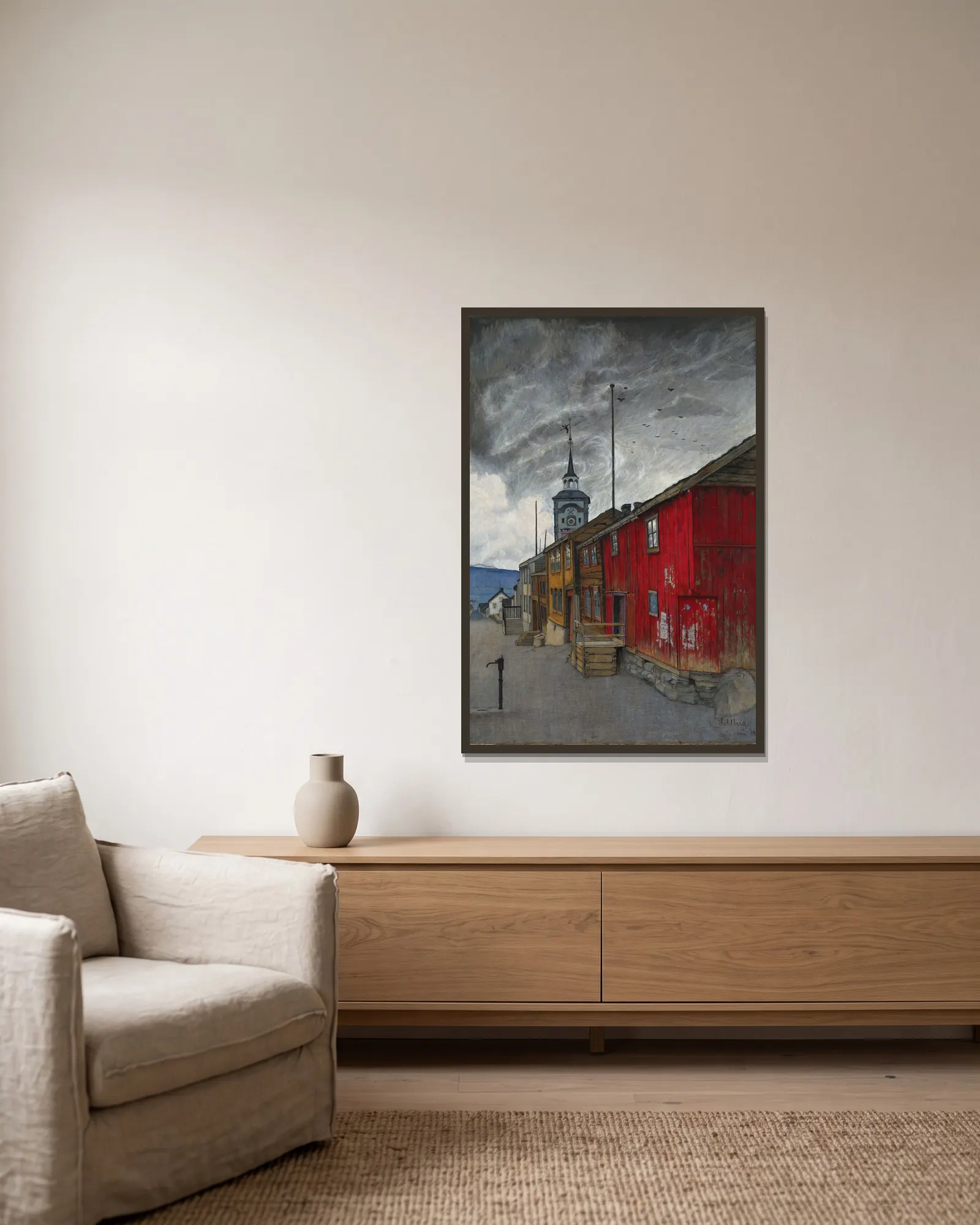 Street in Røros av Harald Sohlberg inramad på en vägg