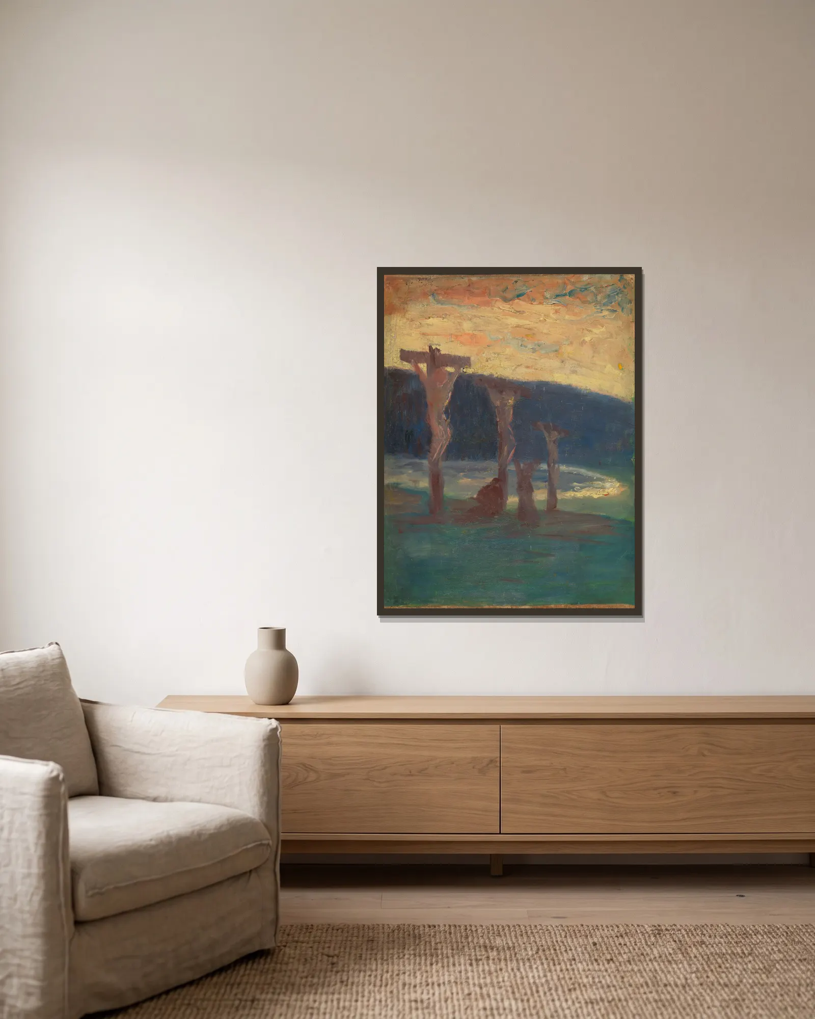 The Crucifixion av Harald Sohlberg inramad på en vägg