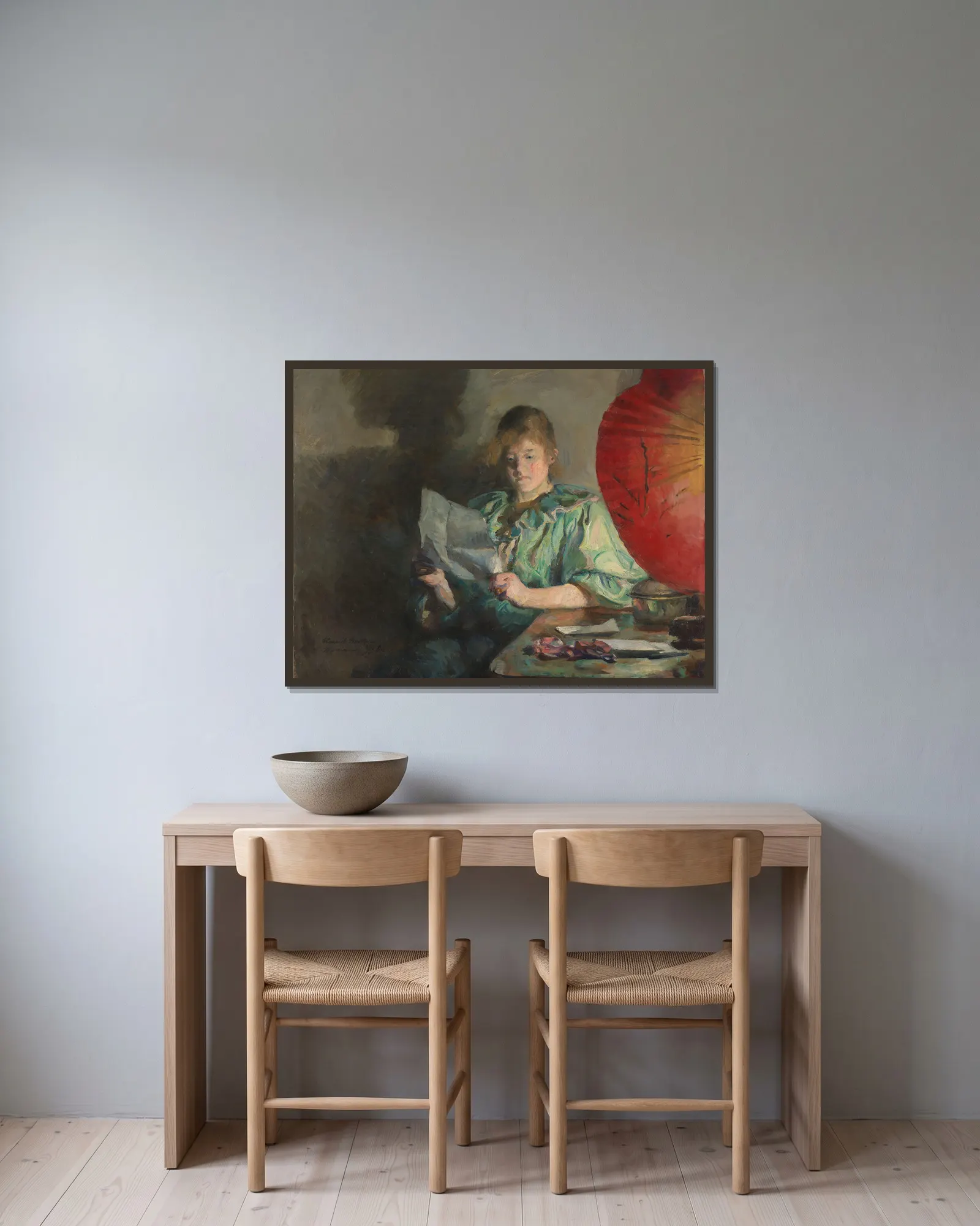 Evening, Interior av Harriet Backer inramad på en vägg