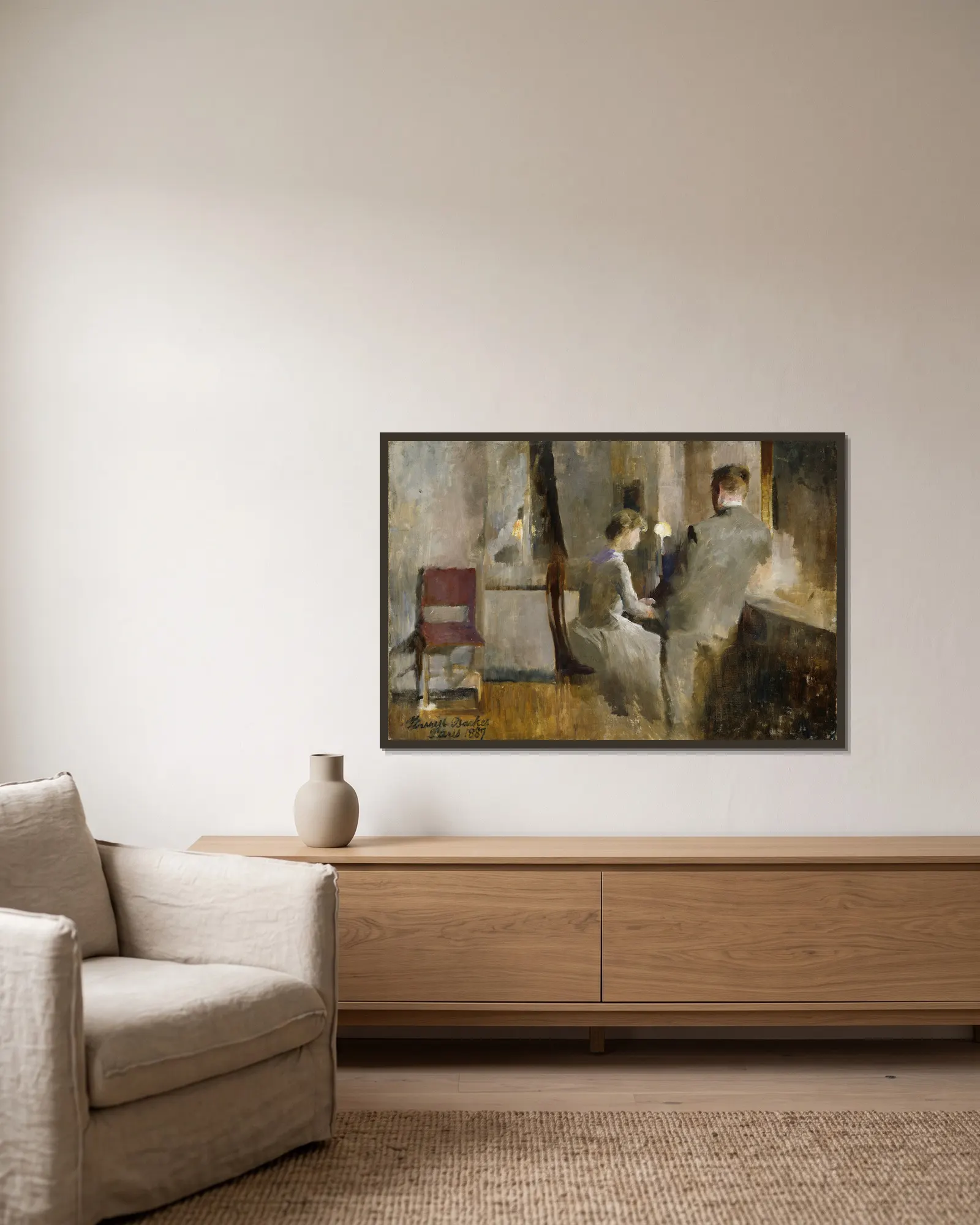 Music, Interior from Paris av Harriet Backer inramad på en vägg
