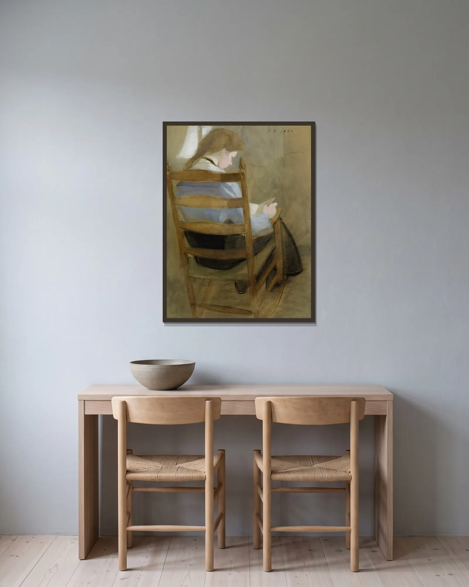 Girl Reading (Seated Girl) av Helene Schjerfbeck inramad på en vägg