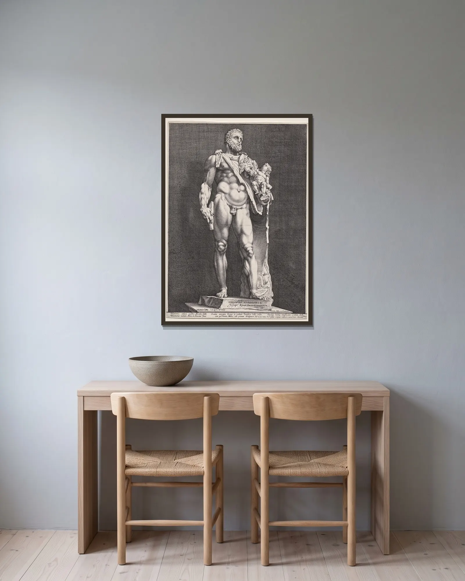 Hercules and Telephos av Hendrick Goltzius inramad på en vägg