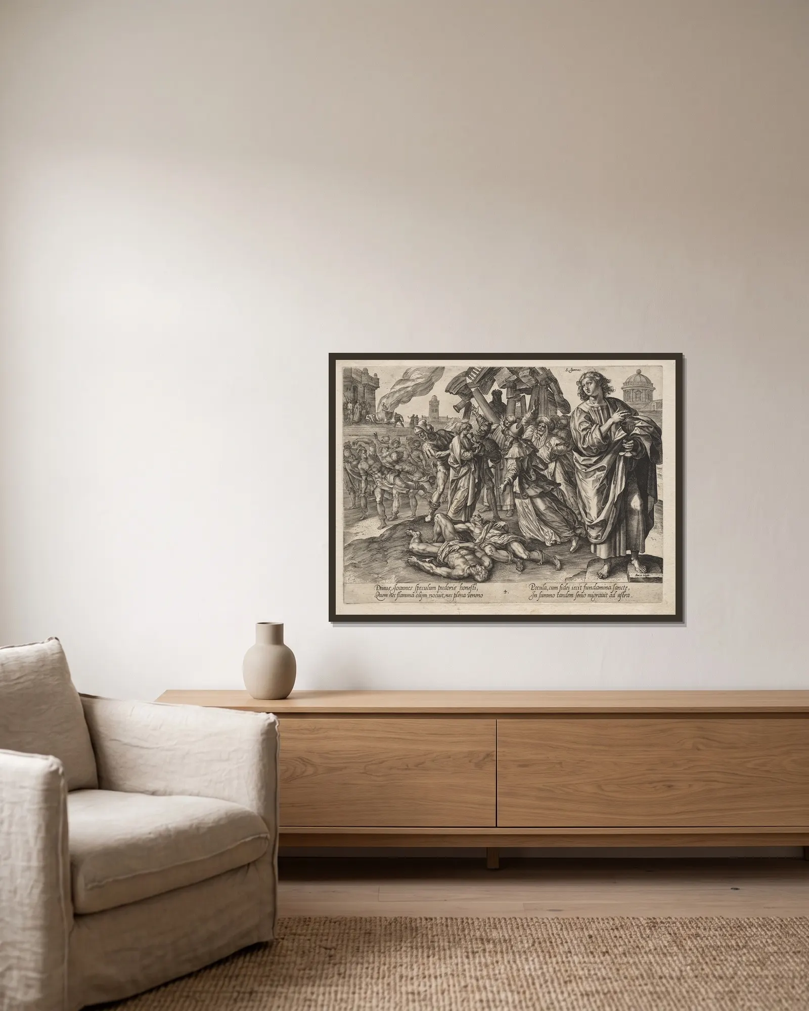 St. John av Hendrick Goltzius inramad på en vägg