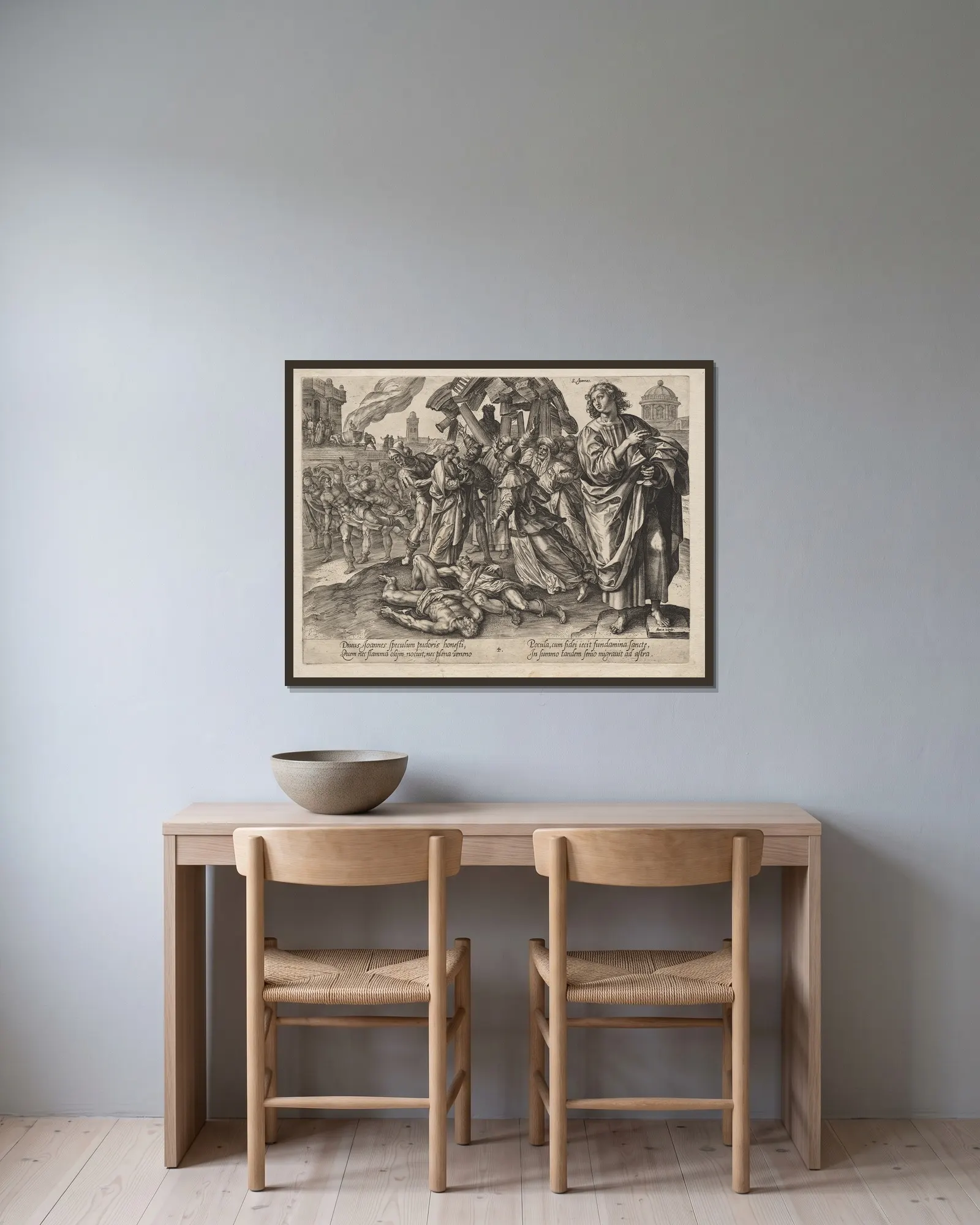 St. John av Hendrick Goltzius inramad på en vägg