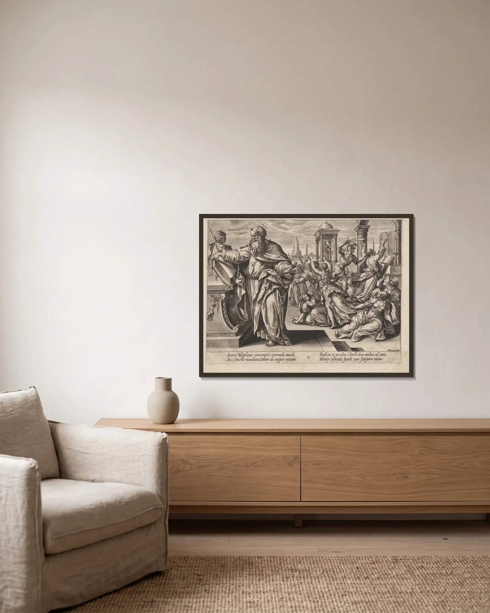 St. Matthew av Hendrick Goltzius inramad på en vägg