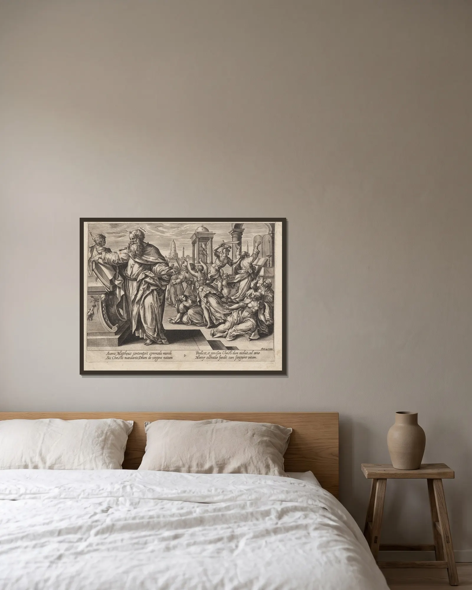 St. Matthew av Hendrick Goltzius inramad på en vägg