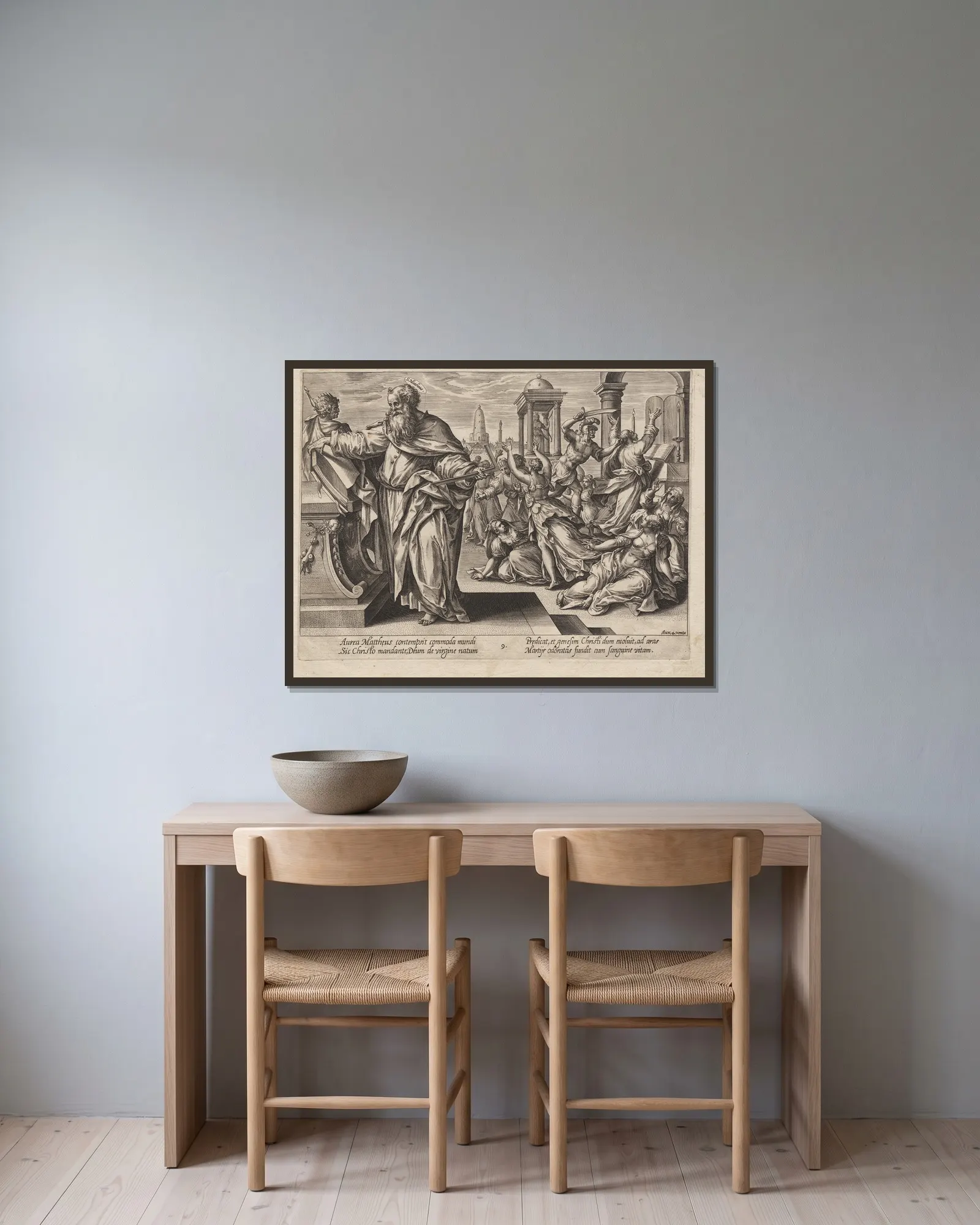 St. Matthew av Hendrick Goltzius inramad på en vägg