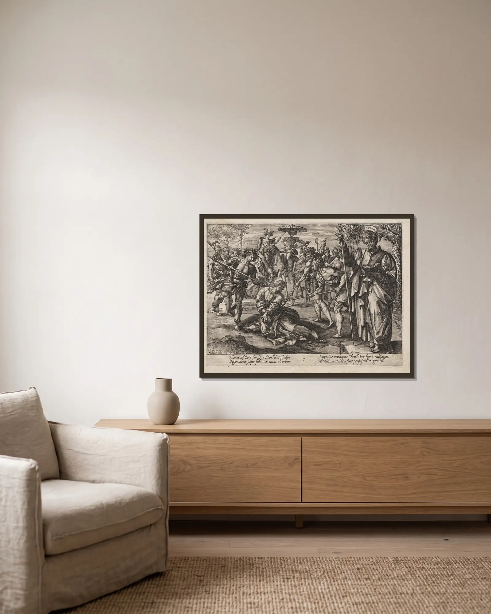 St. Thomas av Hendrick Goltzius inramad på en vägg