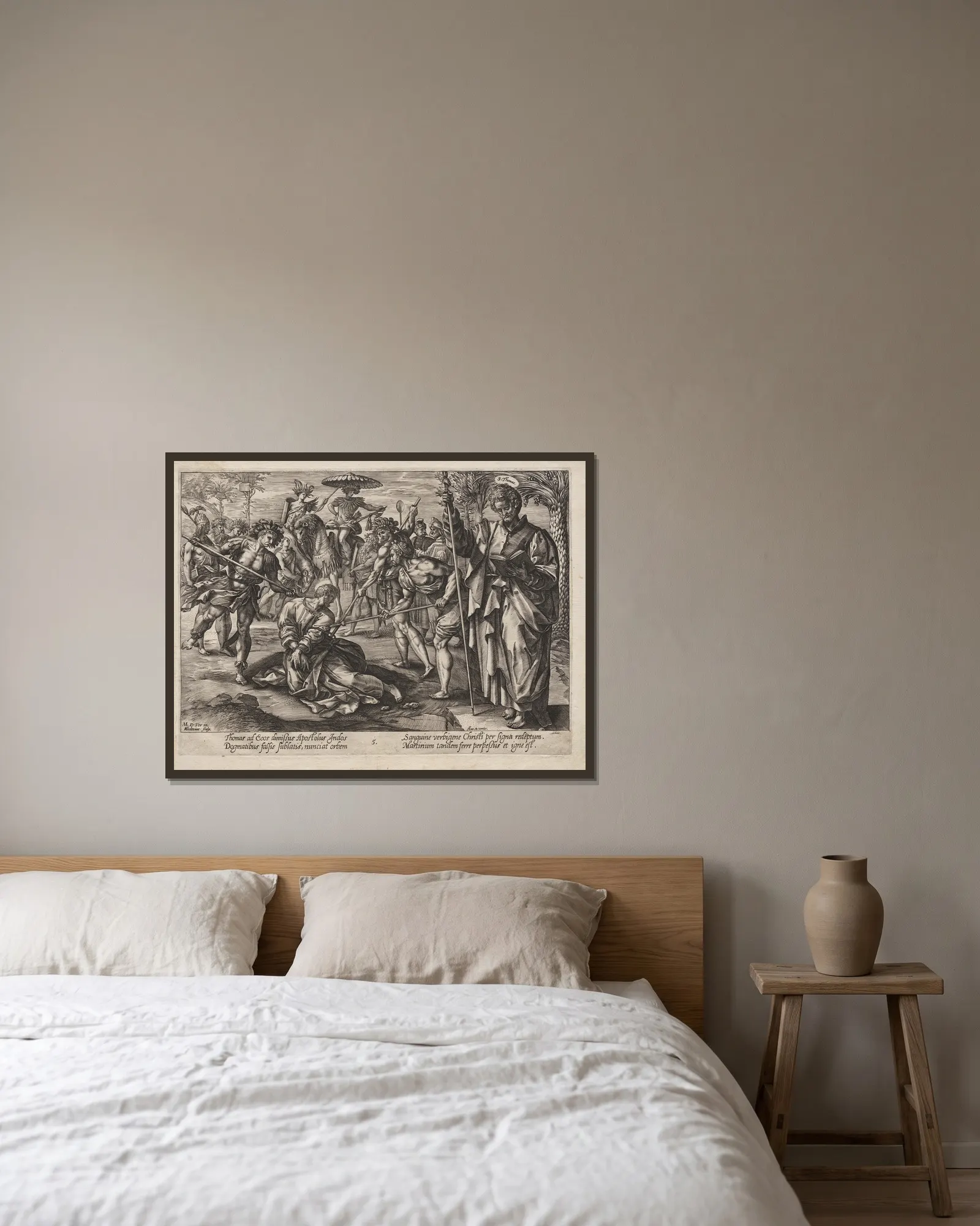 St. Thomas av Hendrick Goltzius inramad på en vägg