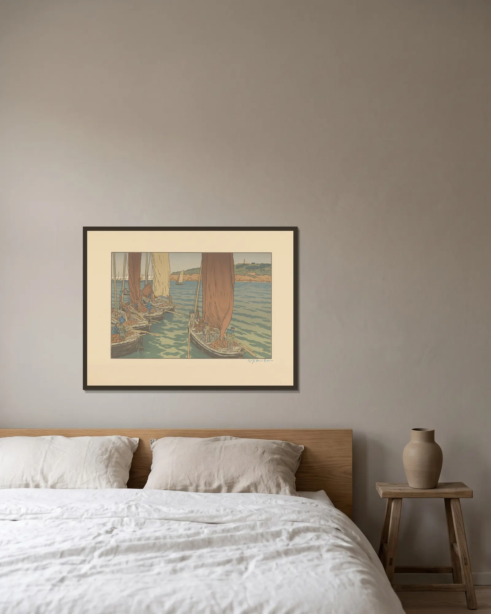 Barques de pêche av Henri Rivière inramad på en vägg