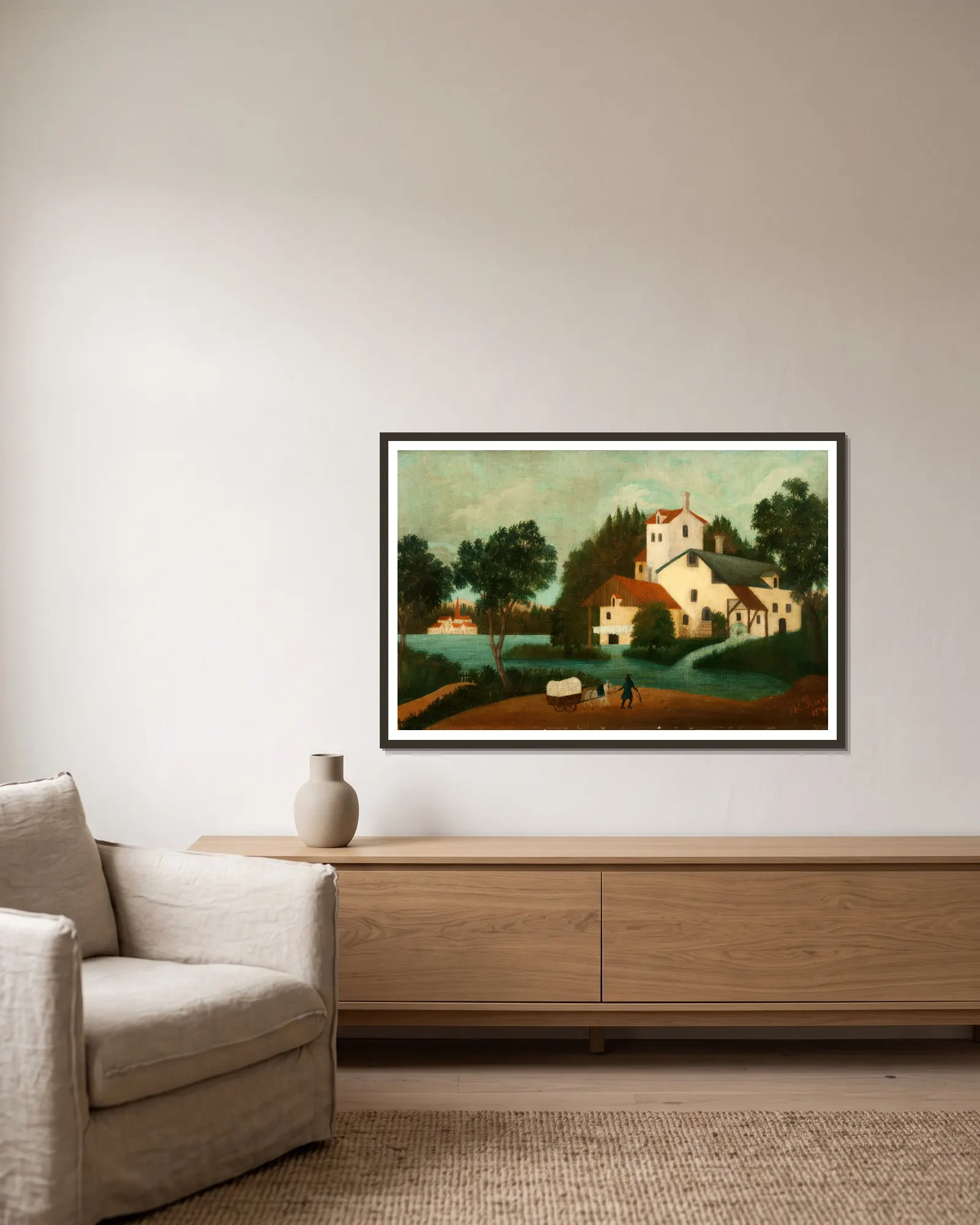 Landscape with Watermill av Henri Rousseau inramad på en vägg