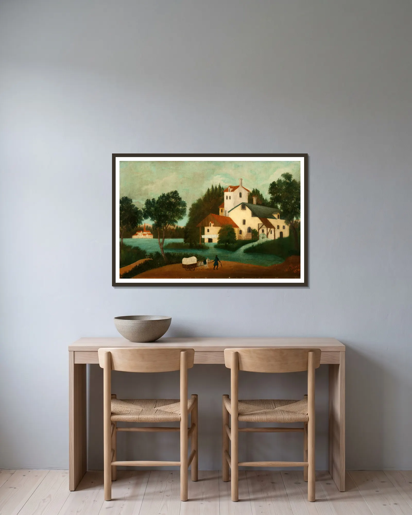 Landscape with Watermill av Henri Rousseau inramad på en vägg