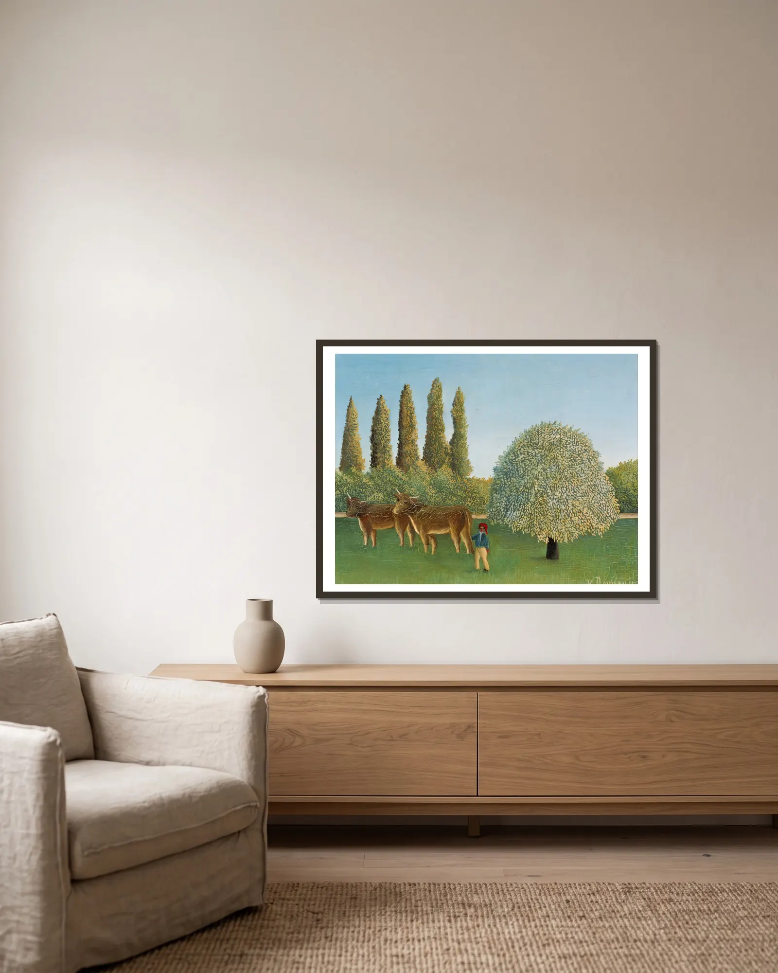 Meadowland (The Pasture) av Henri Rousseau inramad på en vägg