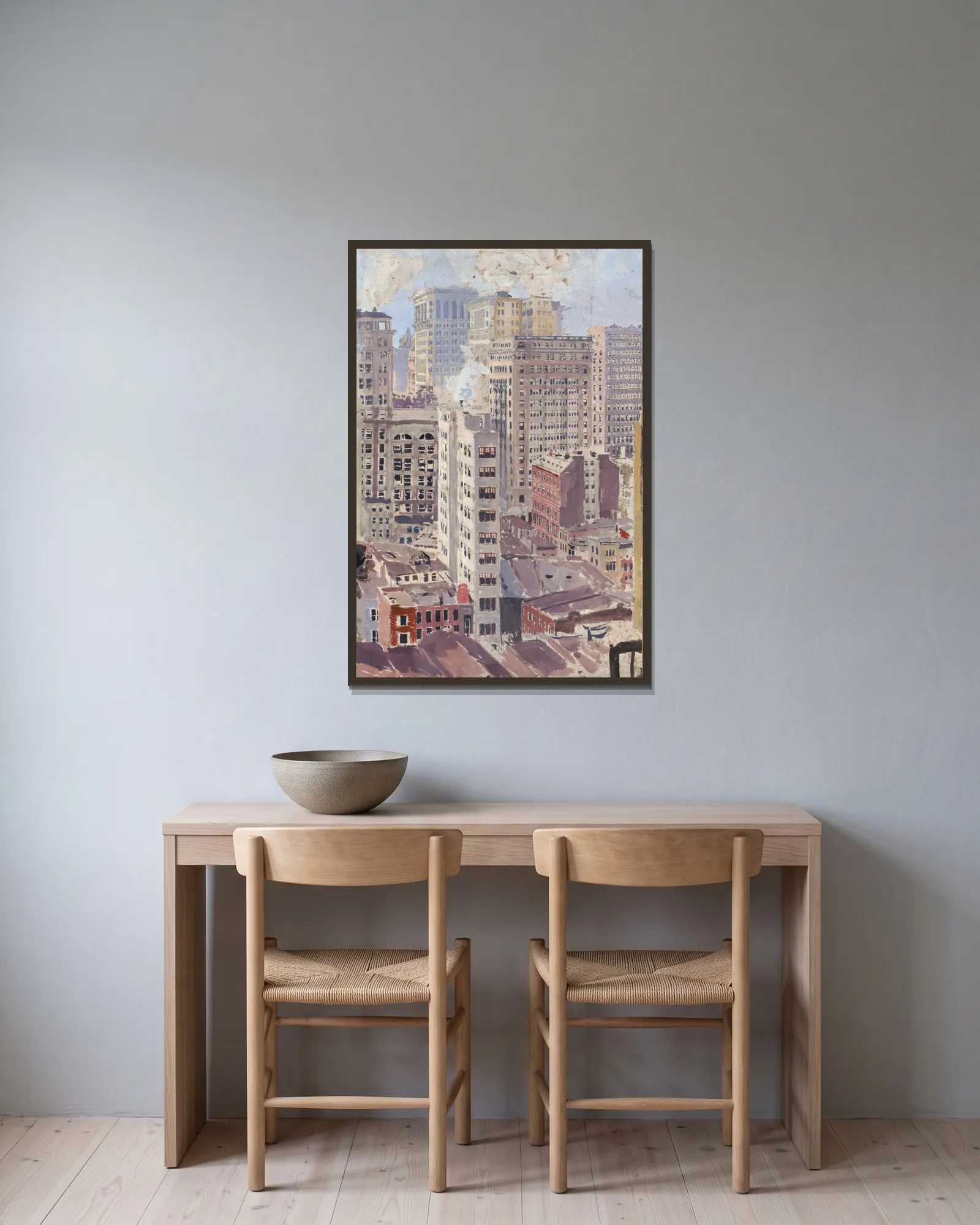 City Skyscrapers av Otto Henry Bacher inramad på en vägg