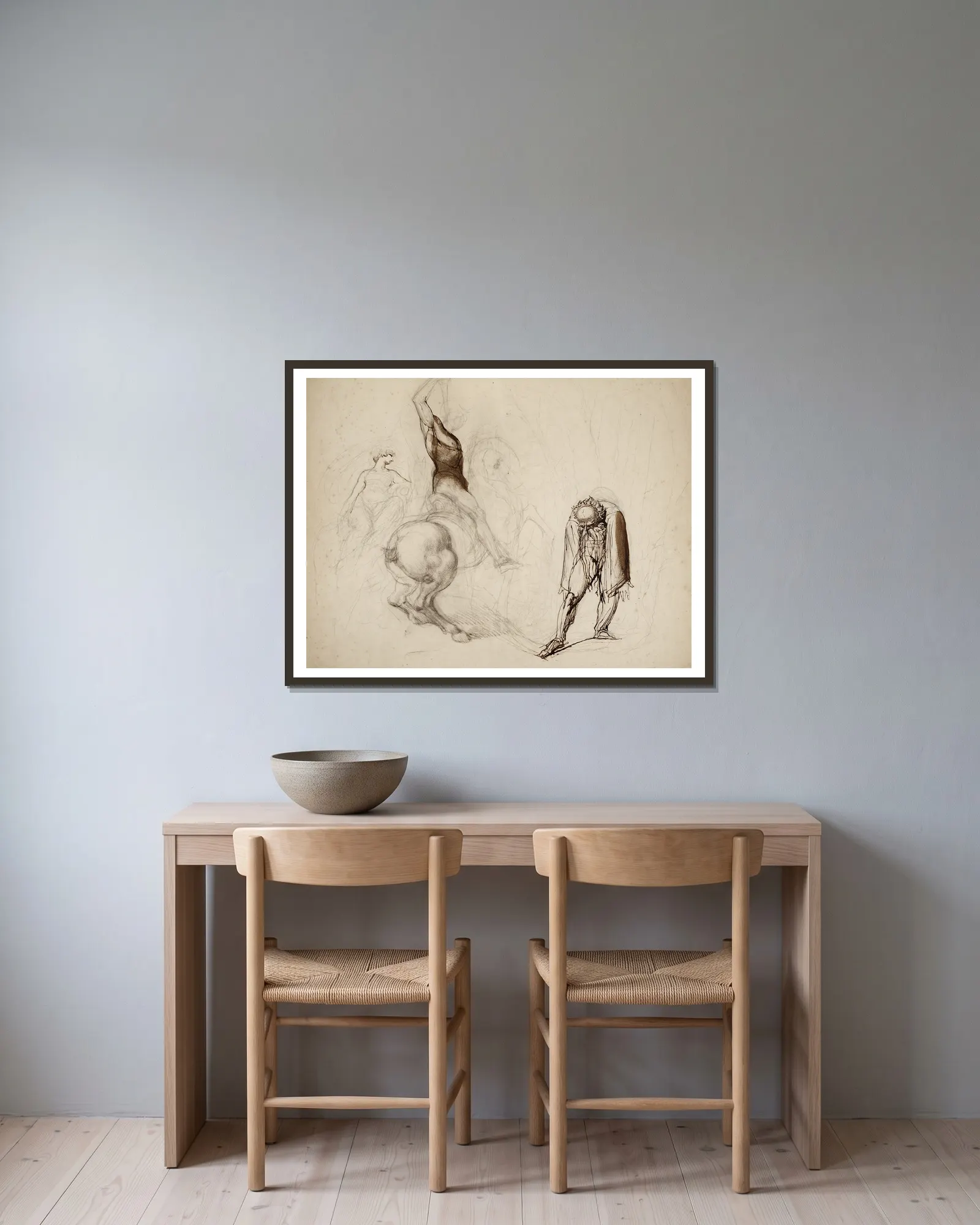 Figure studies av Henry Fuseli inramad på en vägg