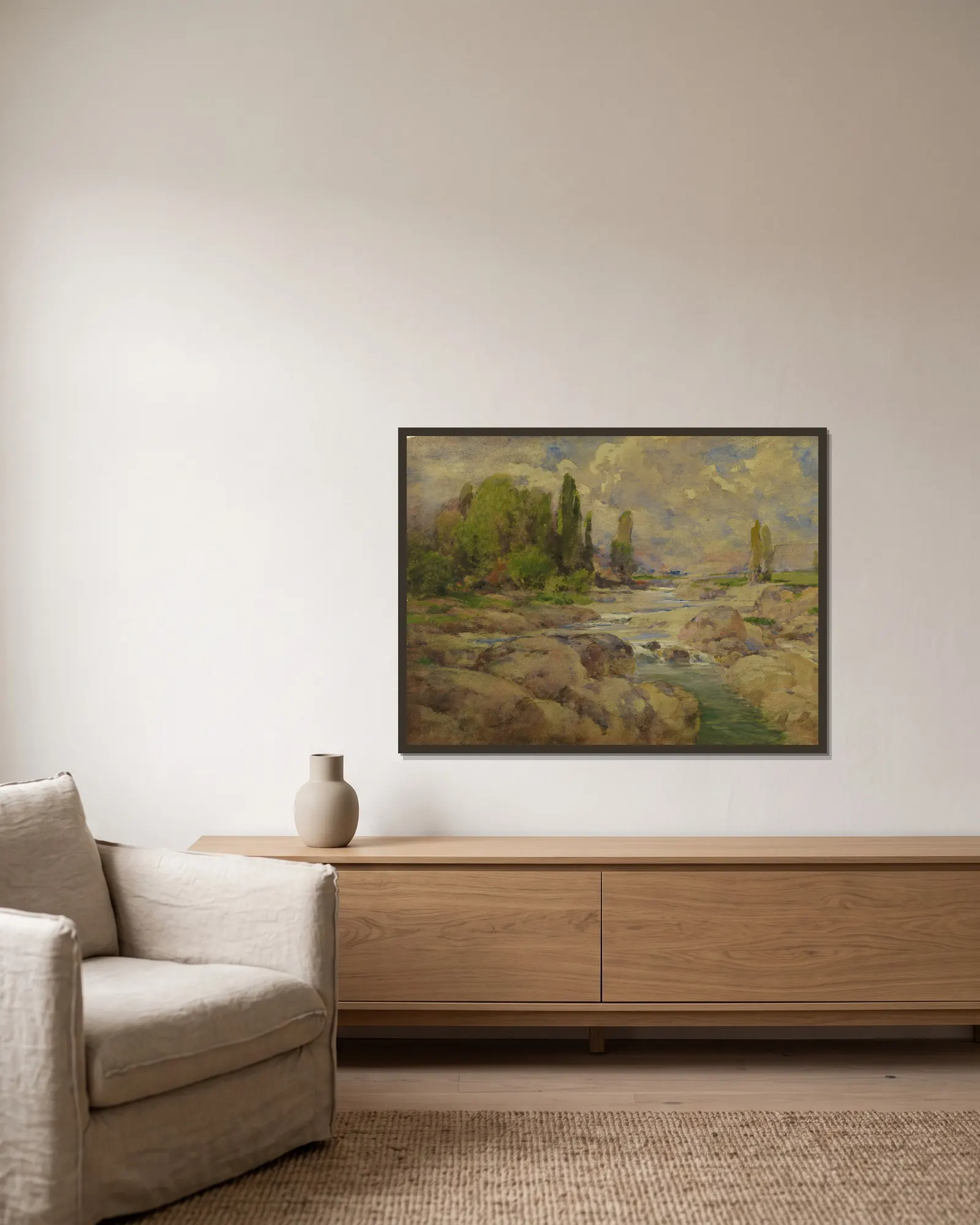 The Normal Rock Creek av William Henry Holmes inramad på en vägg