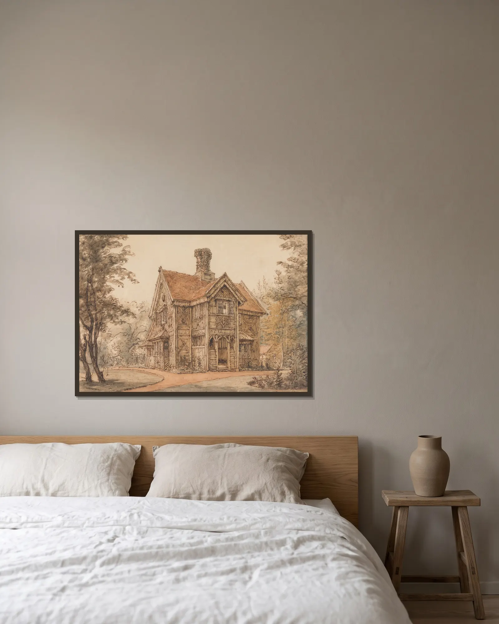A Lodge at Cassiobury av William Henry Hunt inramad på en vägg