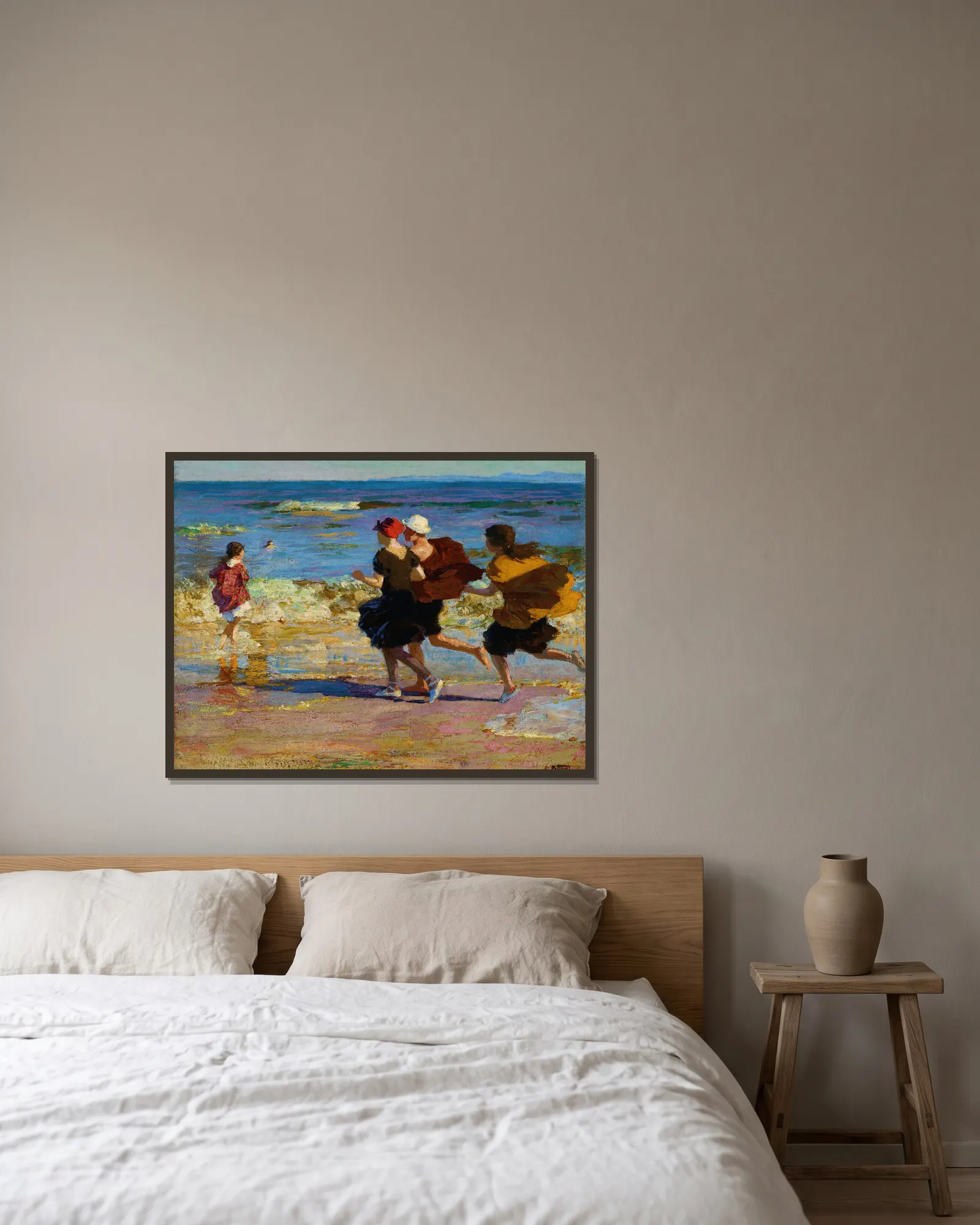 On the Beach av Edward Henry Potthast inramad på en vägg
