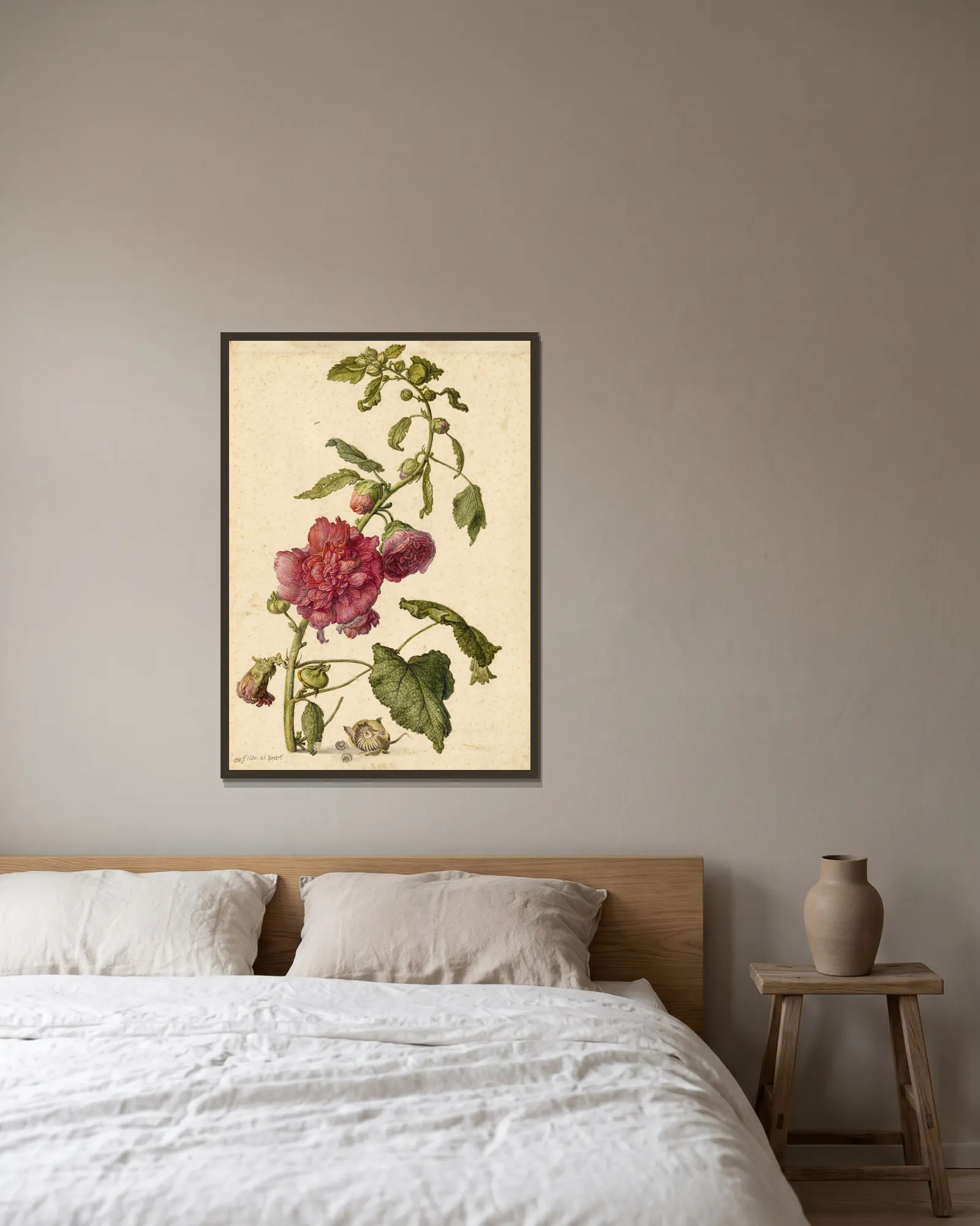 A Hollyhock av Herman Saftleven inramad på en vägg
