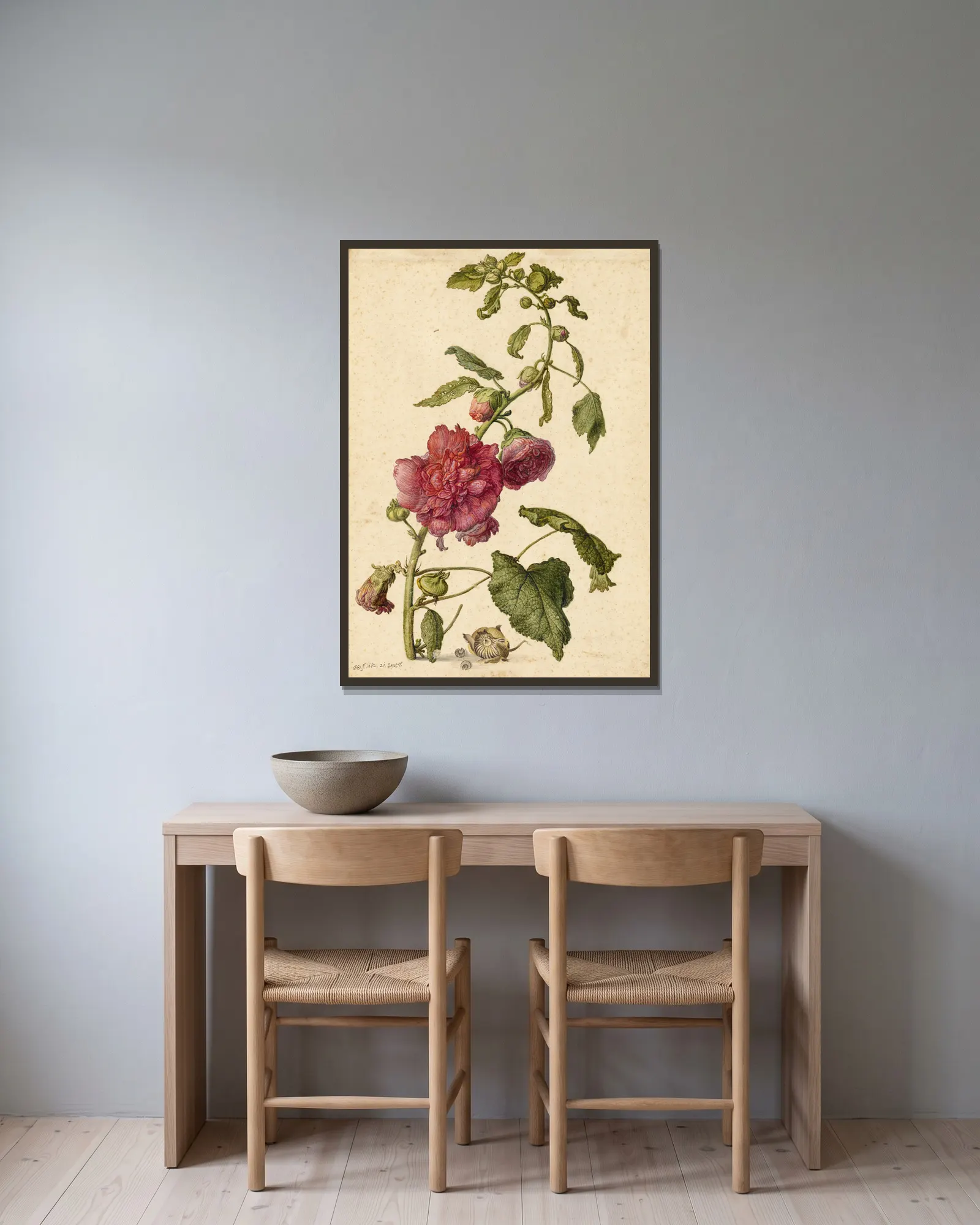 A Hollyhock av Herman Saftleven inramad på en vägg