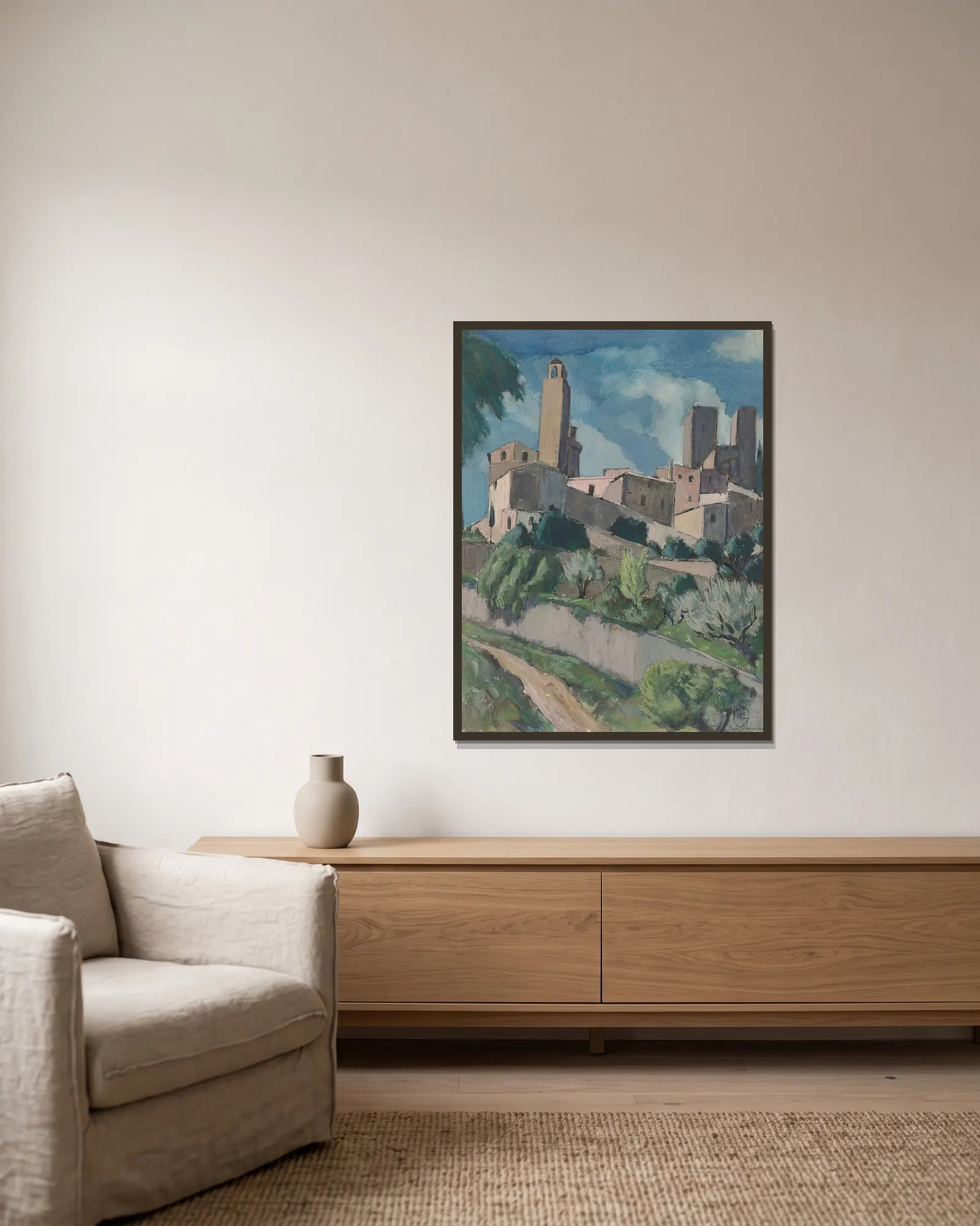 San Gimignano av Hermann Lismann inramad på en vägg