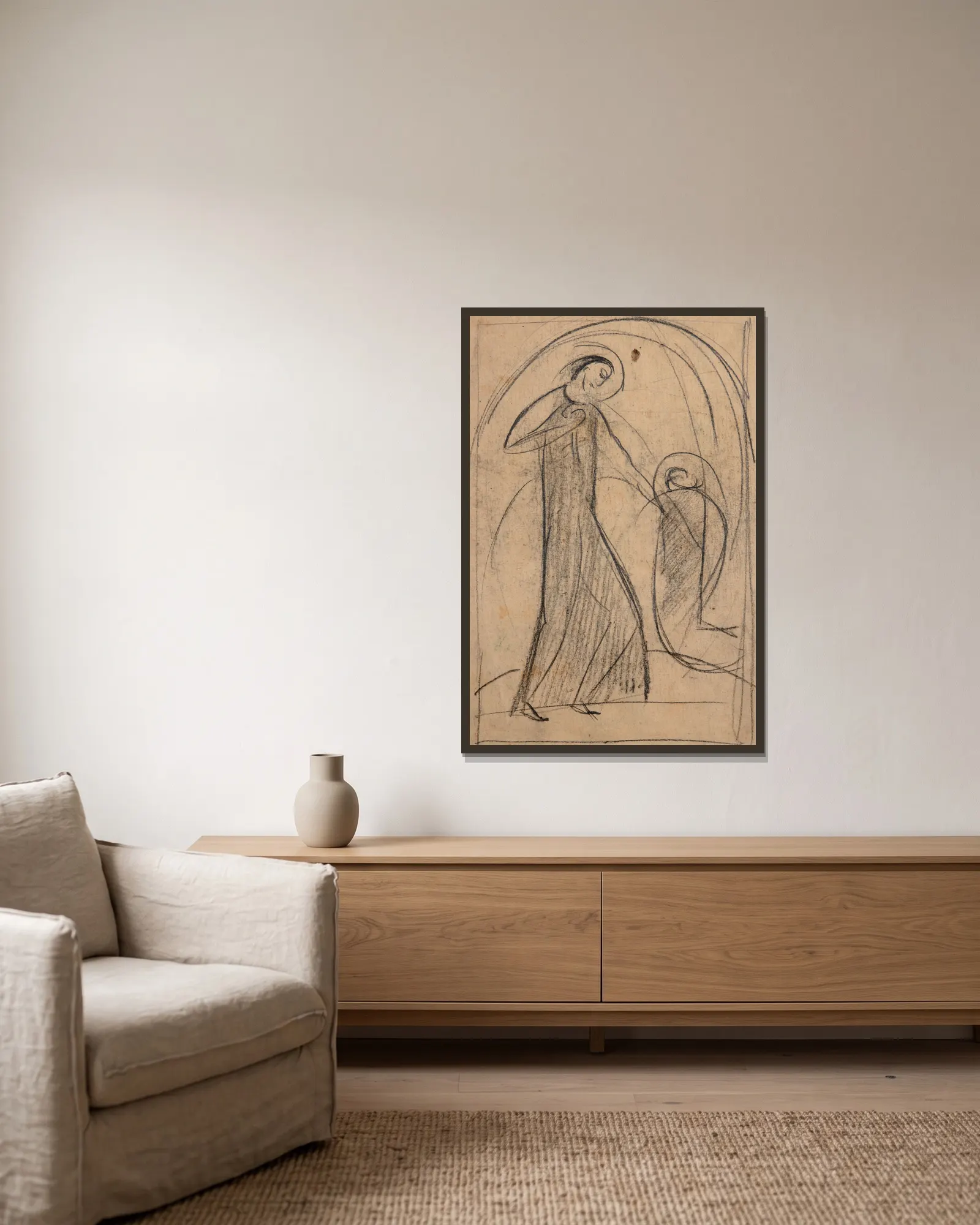 Figurale Szene (Taufe Christi) av Hermann Stenner inramad på en vägg