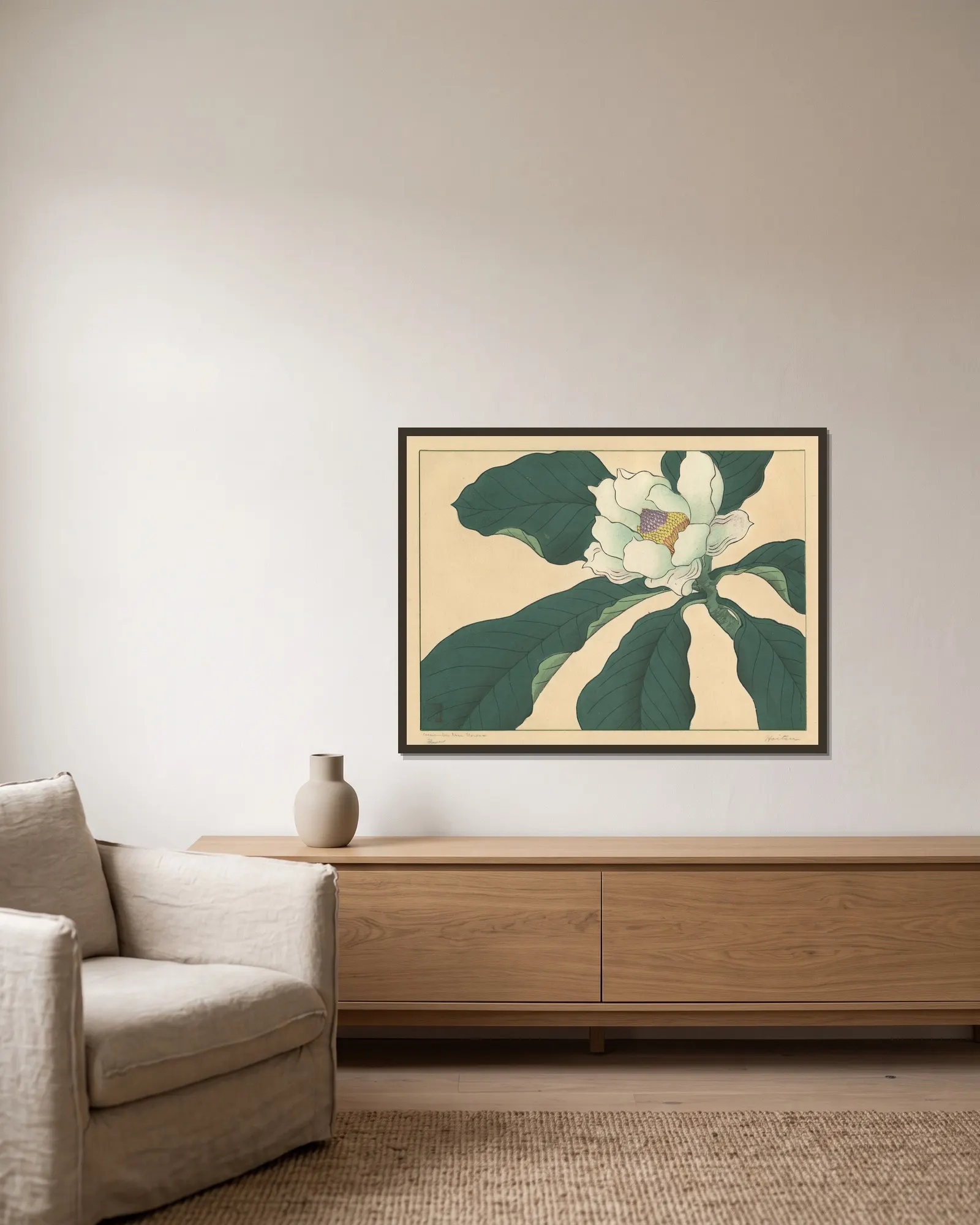 Cucumber tree flowers av Sakai Hōitsu inramad på en vägg
