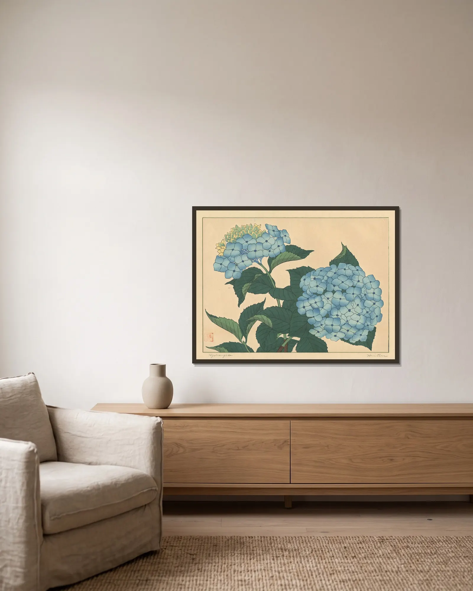 Hydrangea av Sakai Hōitsu inramad på en vägg