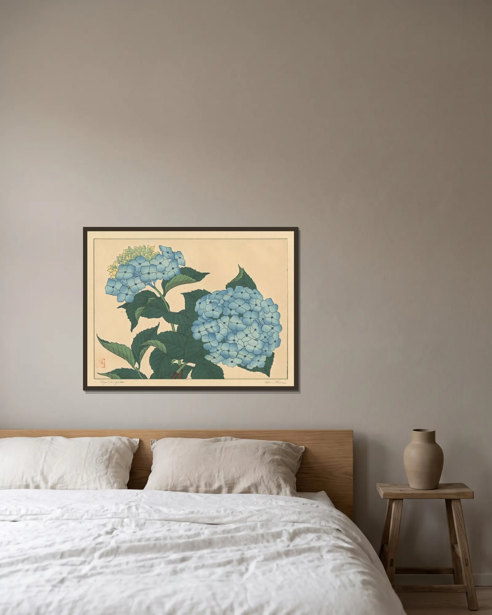Hydrangea av Sakai Hōitsu inramad på en vägg
