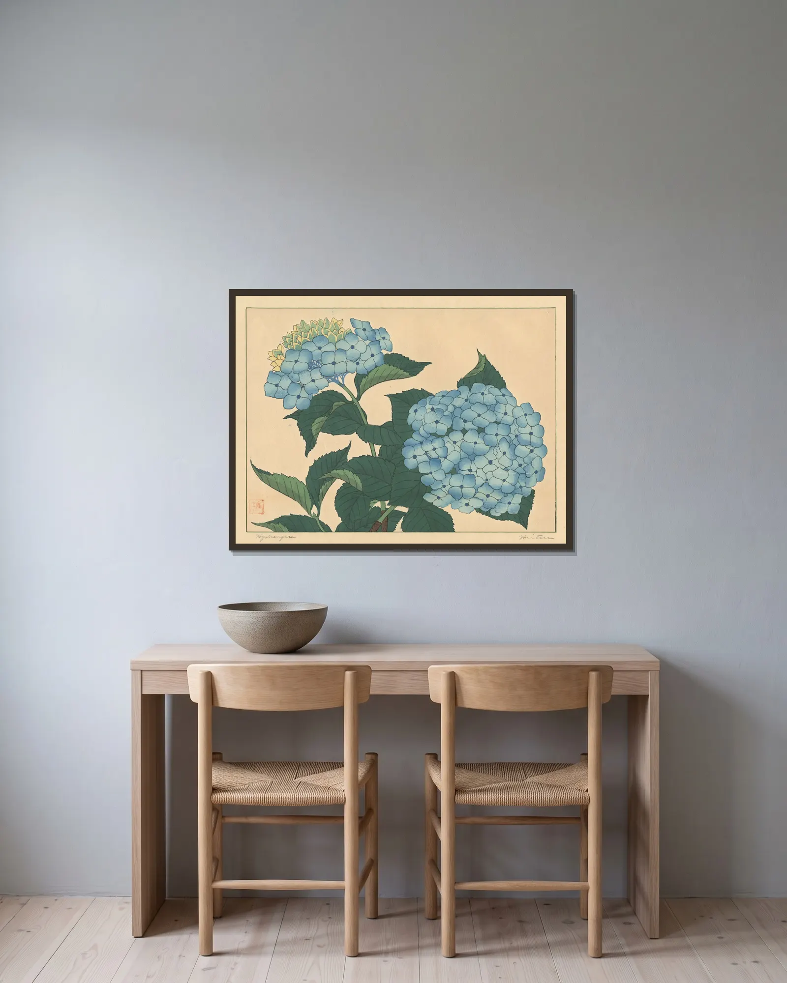 Hydrangea av Sakai Hōitsu inramad på en vägg
