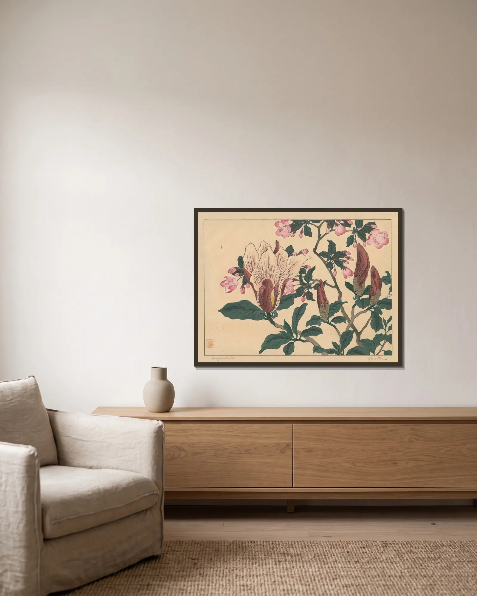 Magnolia av Sakai Hōitsu inramad på en vägg