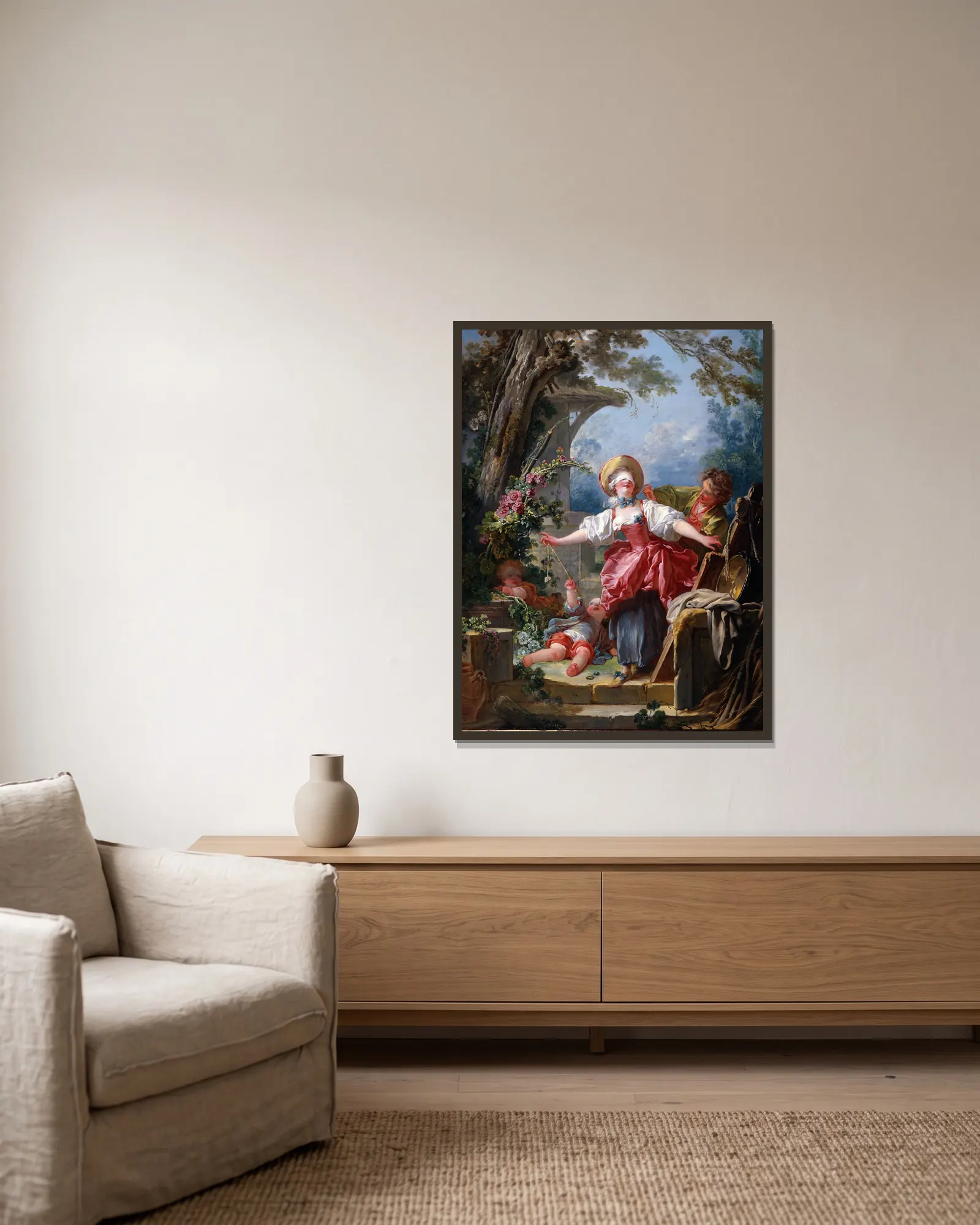 Blind-Man’s Buff av Jean-Honoré Fragonard inramad på en vägg