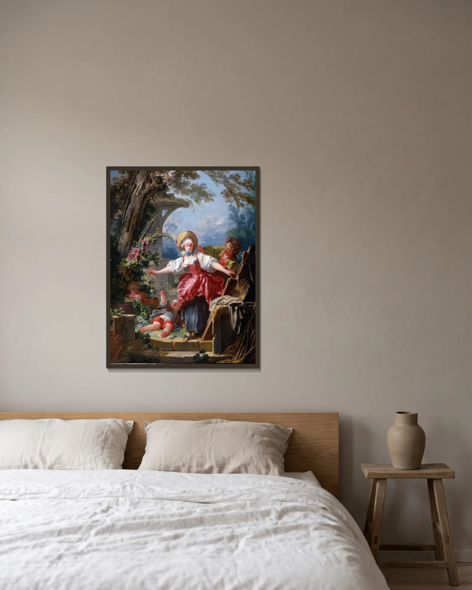 Blind-Man’s Buff av Jean-Honoré Fragonard inramad på en vägg