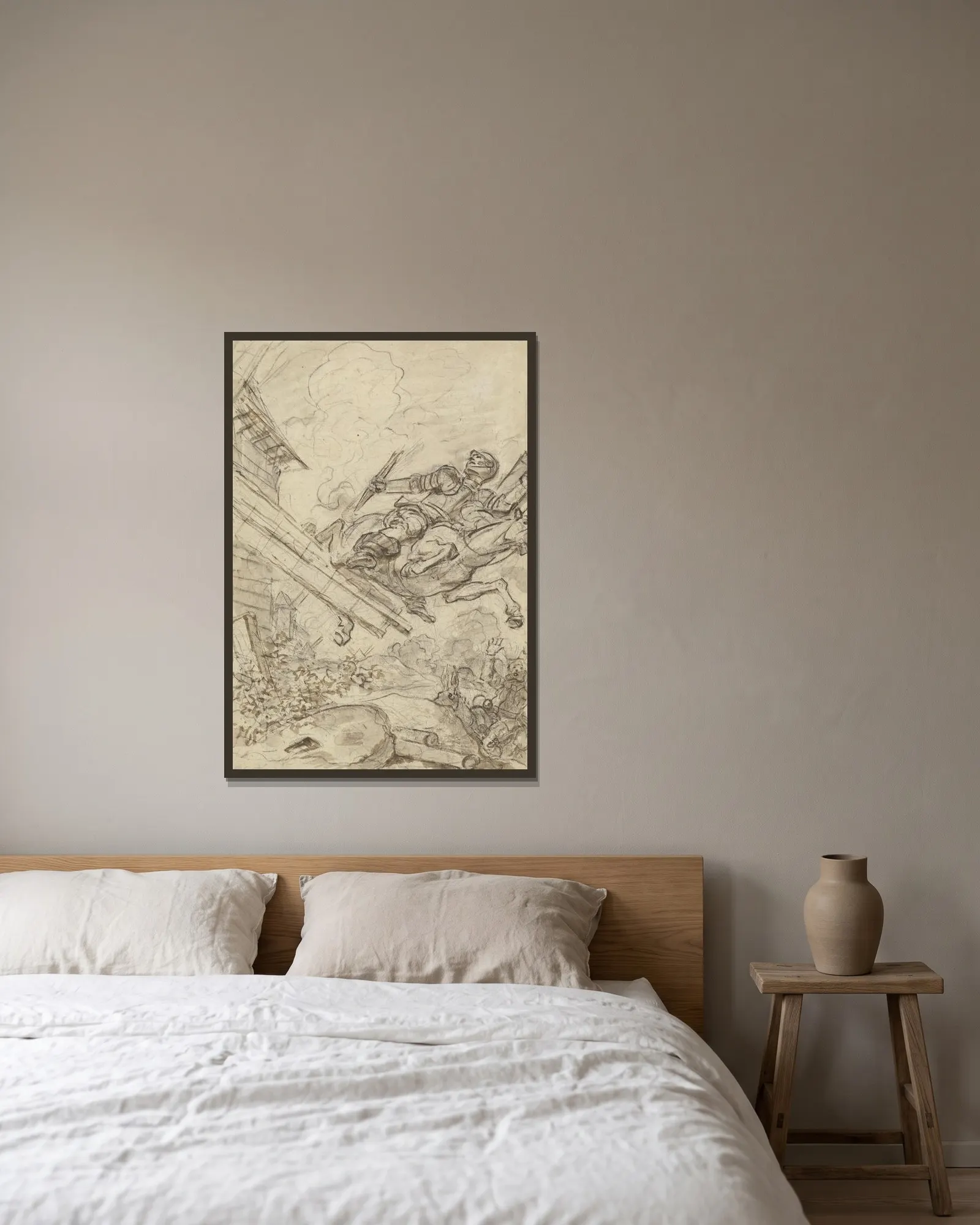 Don Quixote Attacking the Windmill av Jean-Honoré Fragonard inramad på en vägg