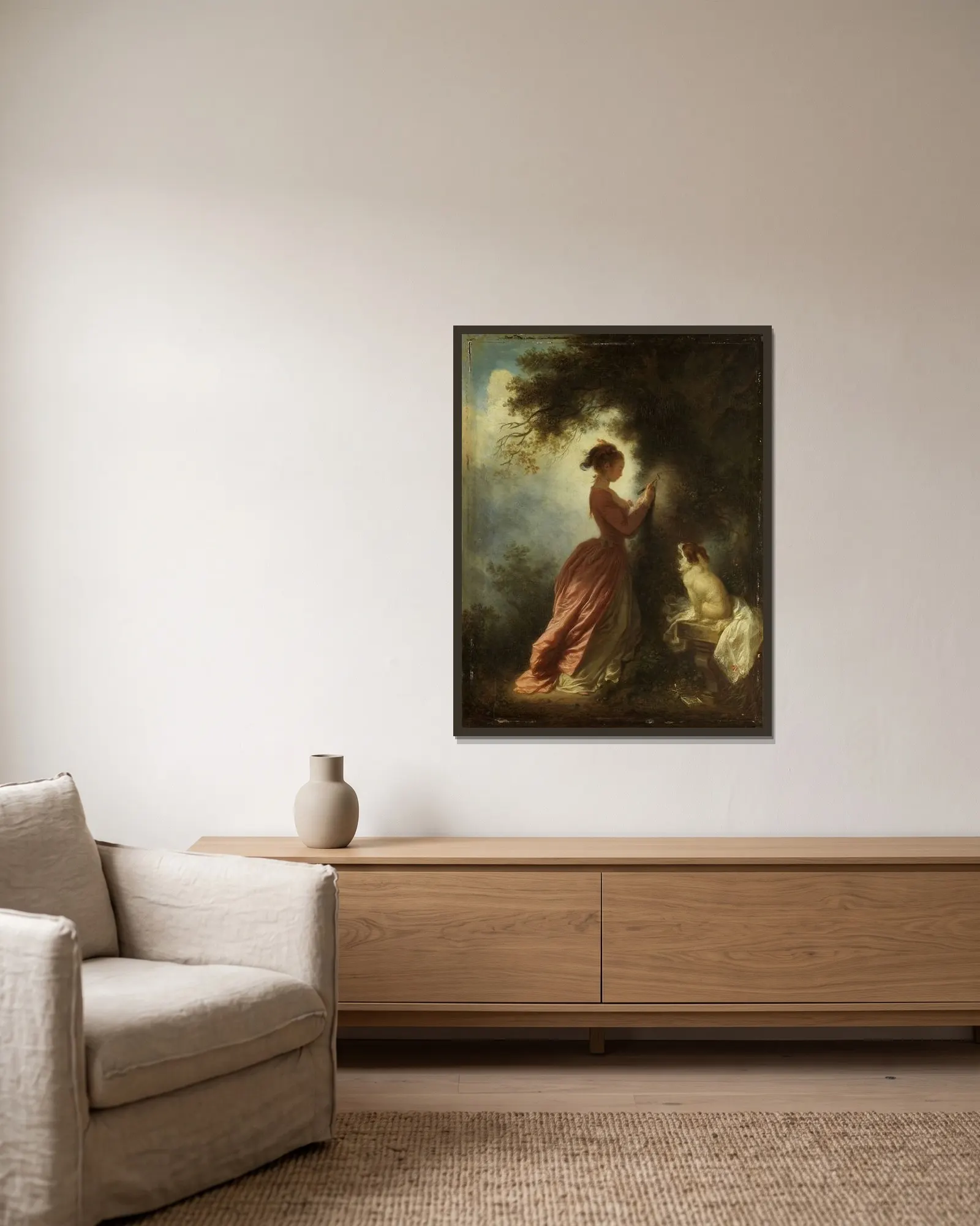 Le chiffre d’amour (The Souvenir) av Jean-Honoré Fragonard inramad på en vägg