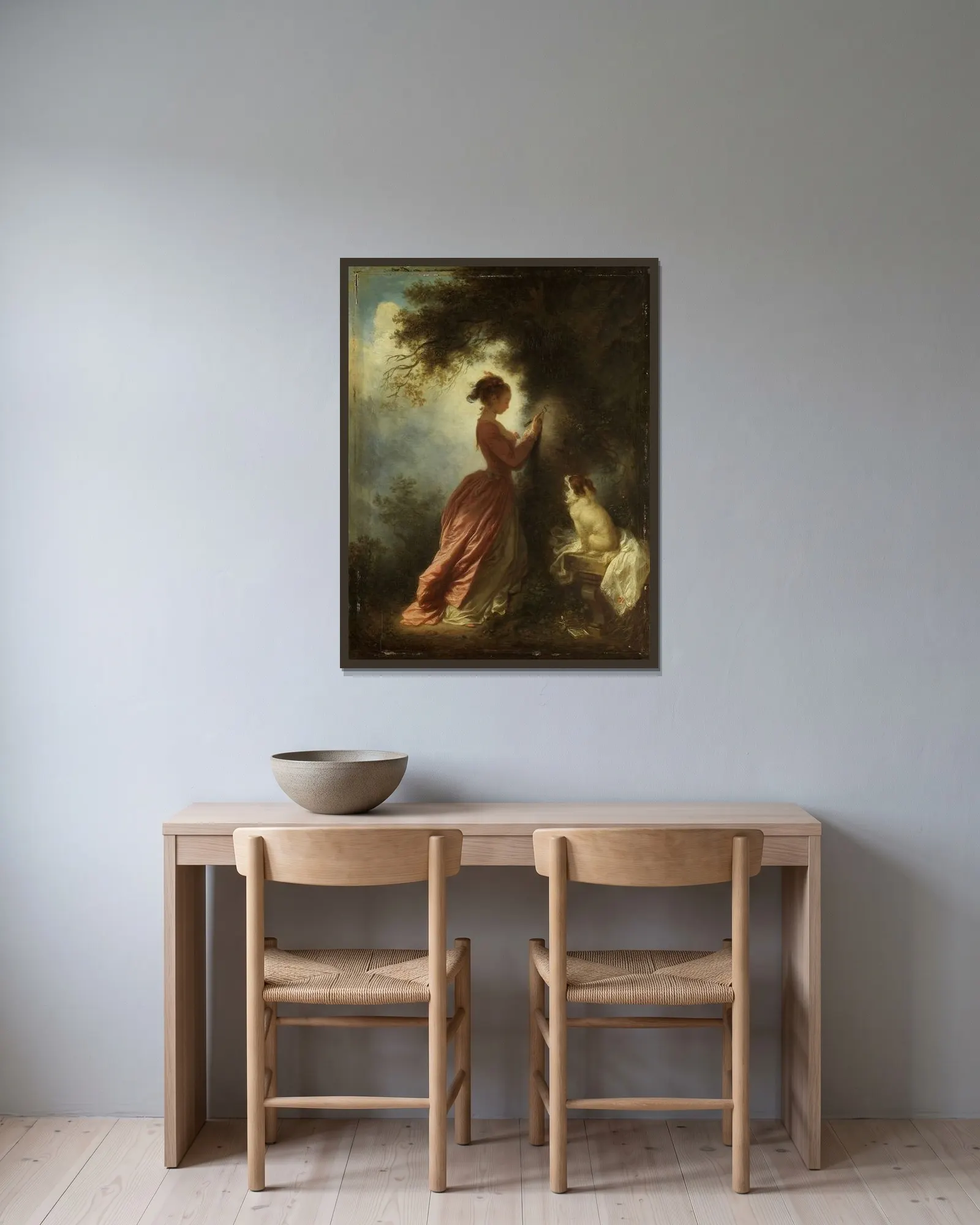 Le chiffre d’amour (The Souvenir) av Jean-Honoré Fragonard inramad på en vägg