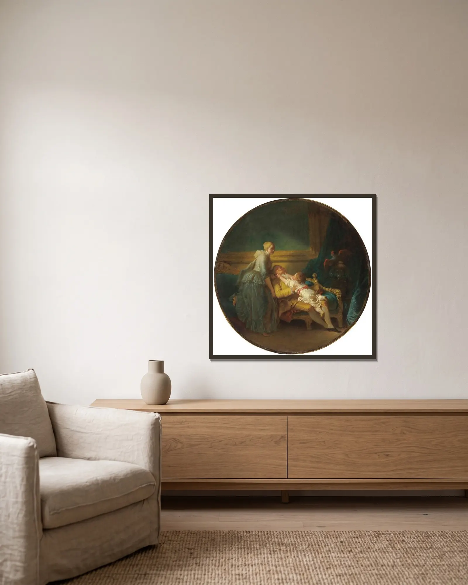 L’heureux Ménage (‘the Happy Household’) av Jean-Honoré Fragonard inramad på en vägg